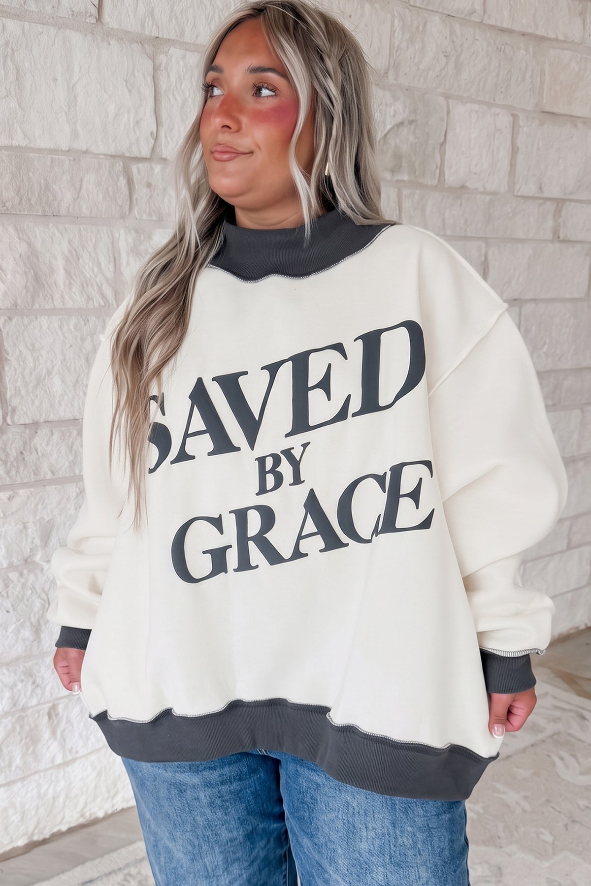 Saved by Grace Over-Sized Mock Neck Sweatshirt (Plus Size)
