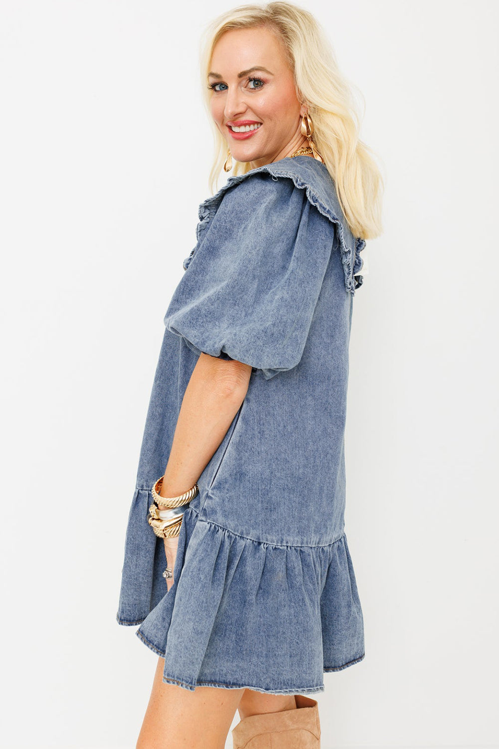 Pearls and Puff Sleeves Denim Dress