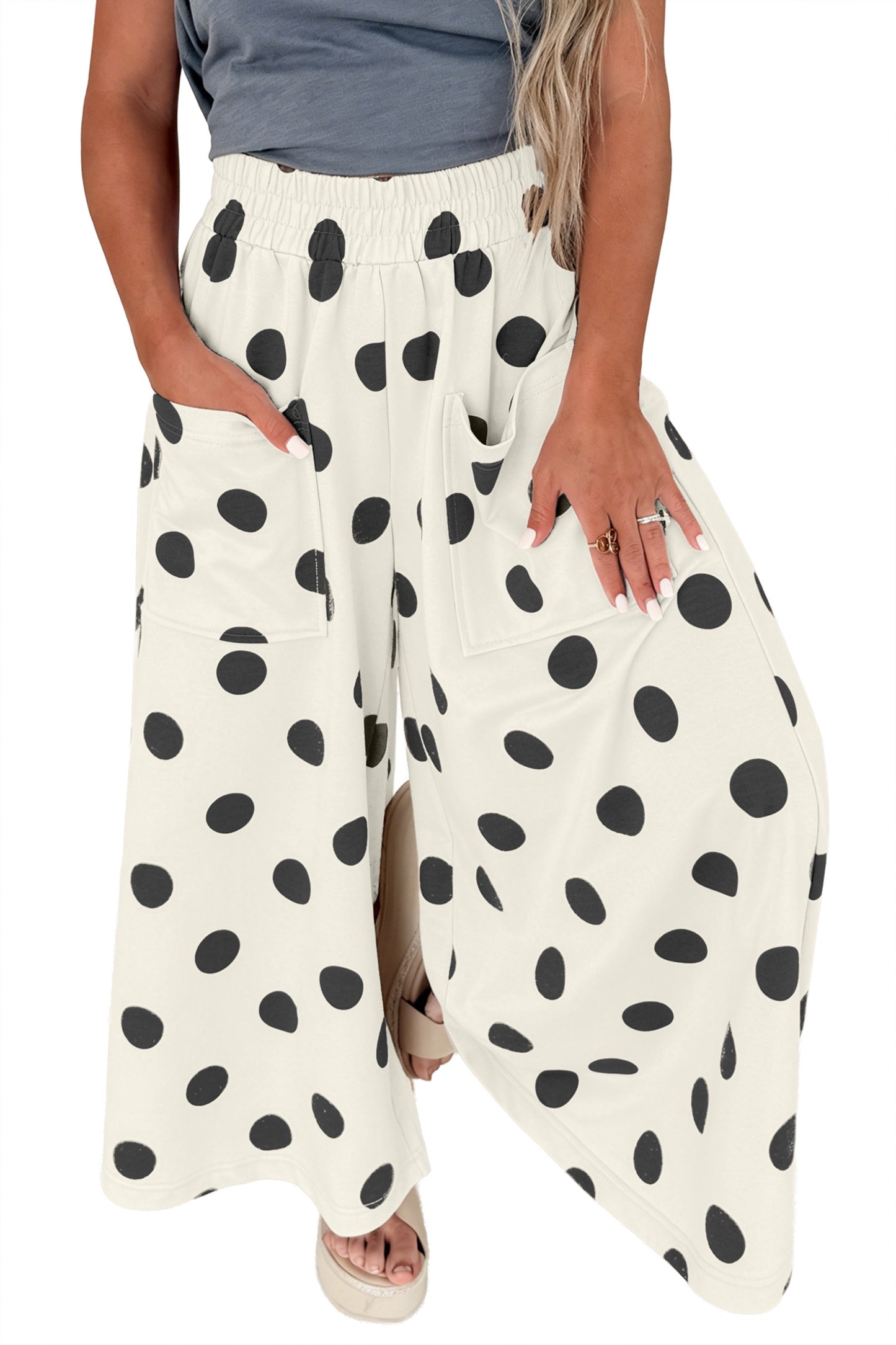 Brown Polka Dot Wide Leg Elastic Waist Casual Pants