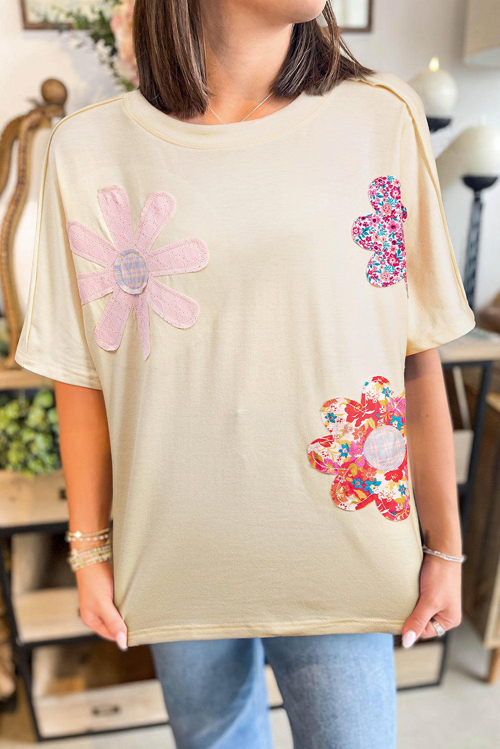Apricot Flower Patched Exposed Stitching Trim Crew Neck Loose Tee