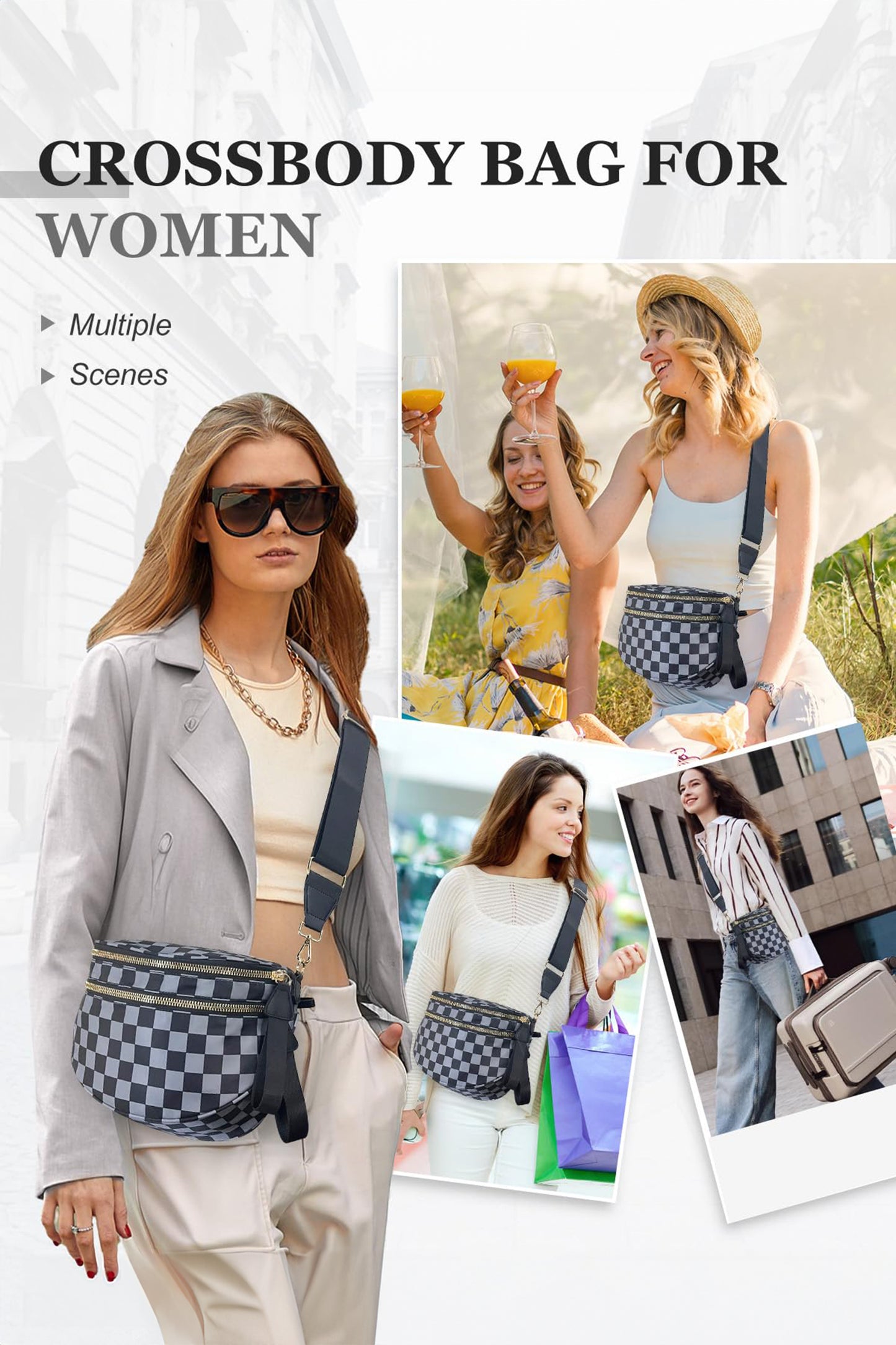 White Checkered Print Wide Strap Large Crossbody Bag
