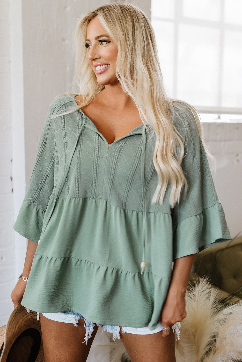 Sage Green Textured Ruffle Patchwork Blouse