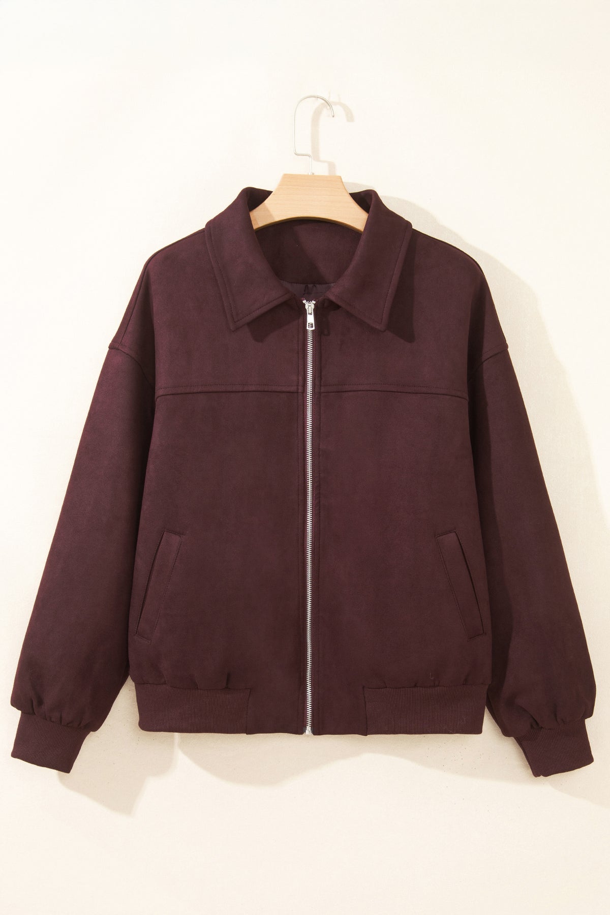 Chicory Coffee Solid Zip-up Metal Placket Collar Long Sleeve Jacket