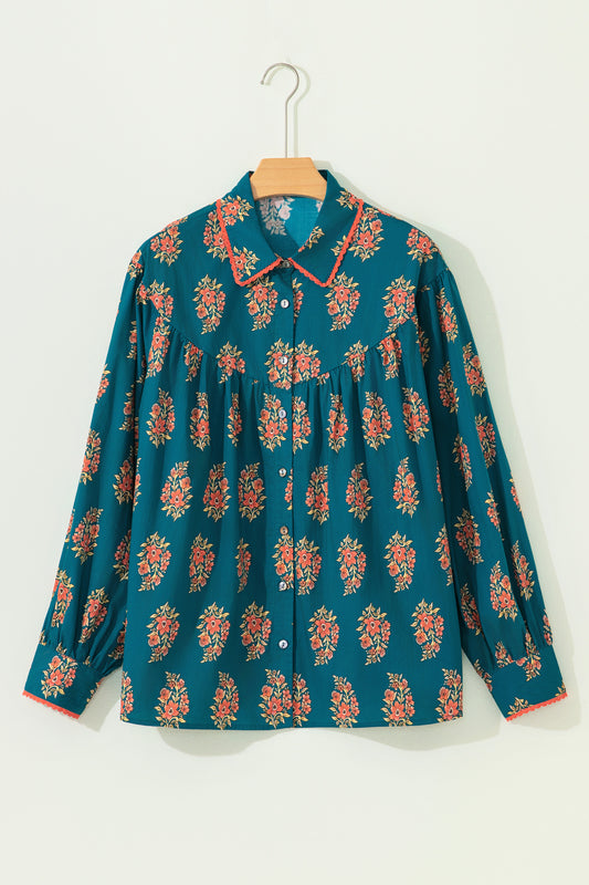 Green Plus Size Floral Print Contrast Lacy Trim Pleated Loose Shirt