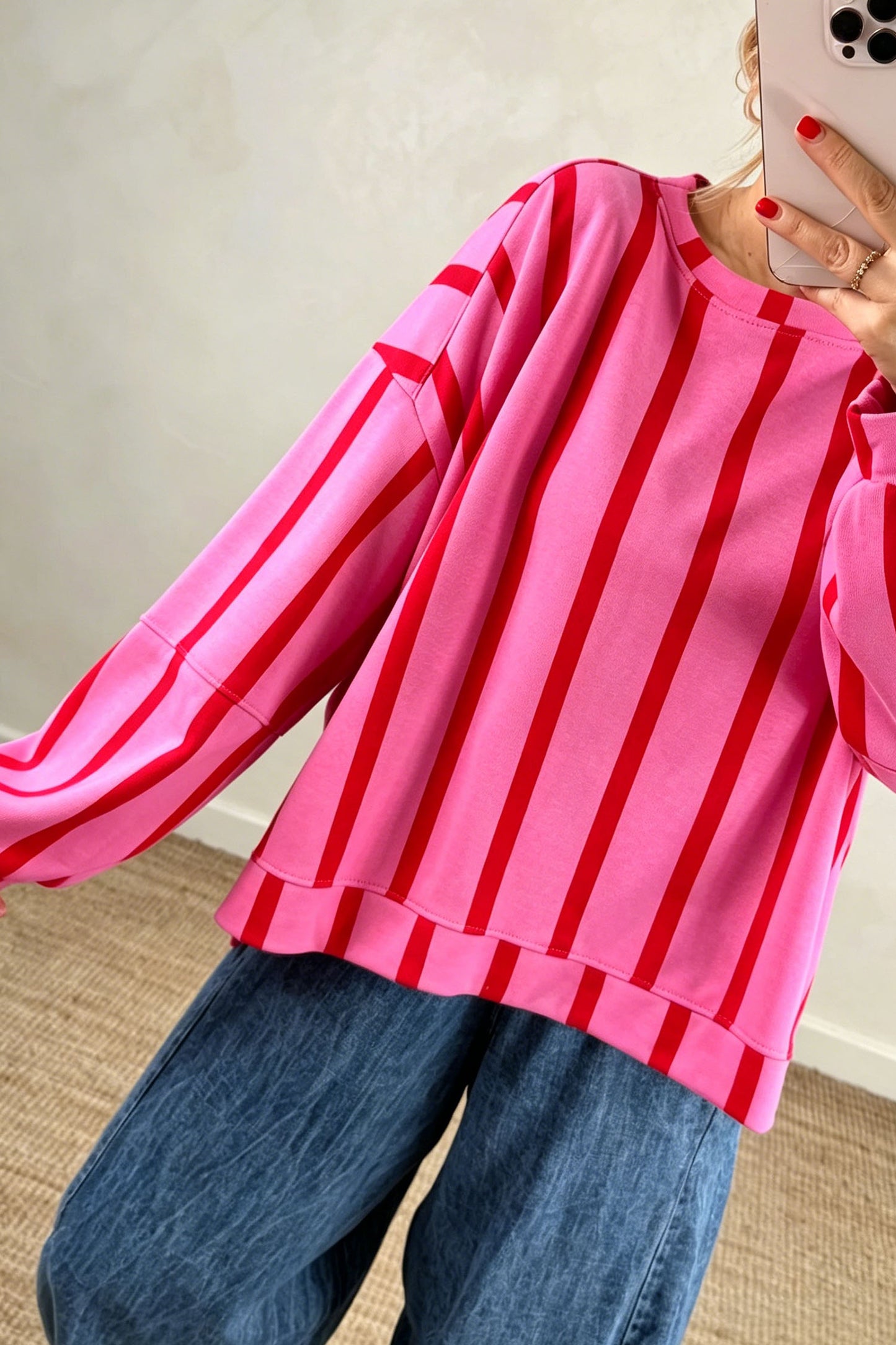 Pink Stripe Dropped Shoulder Round Neck Casual Sweatshirt