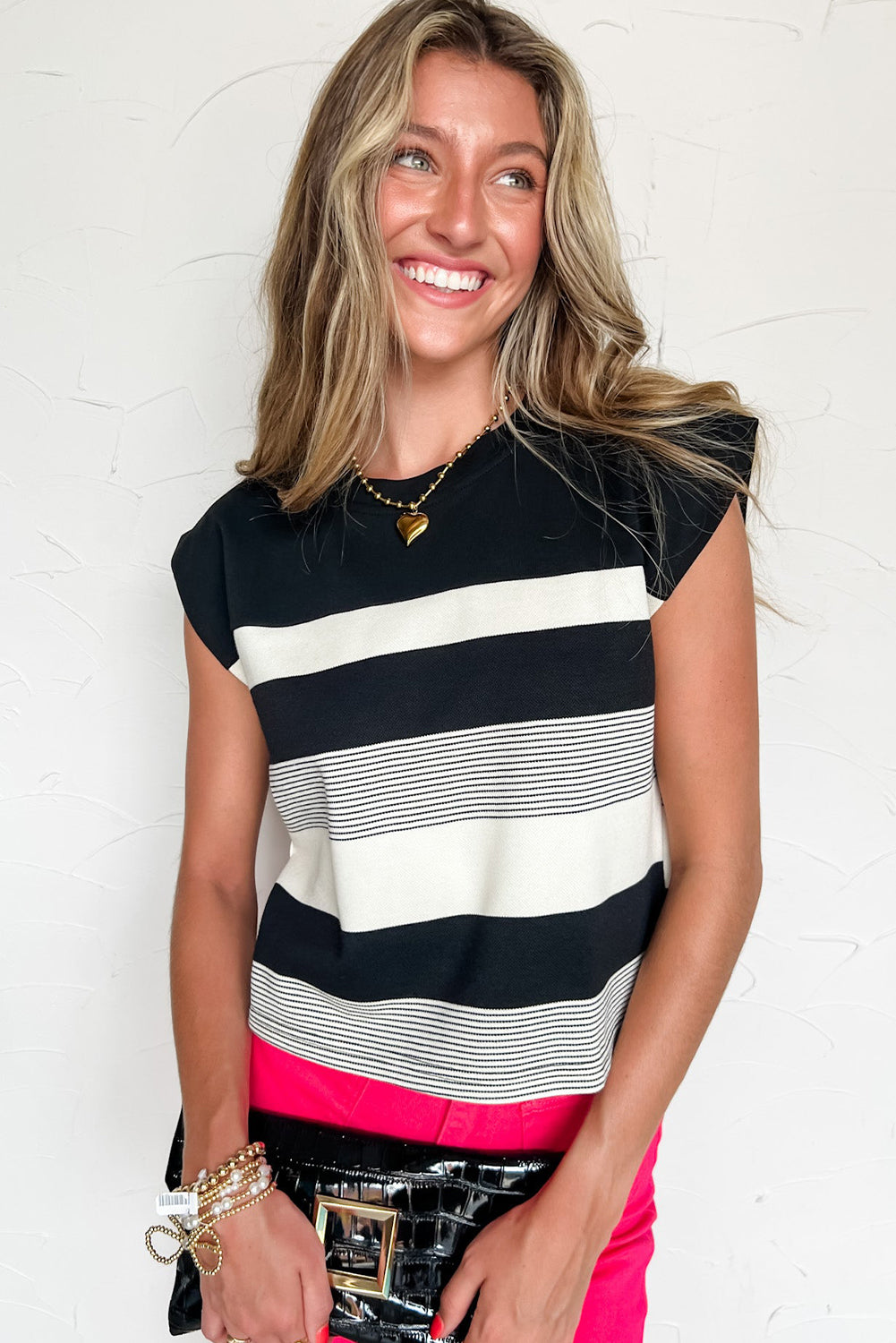 Green Stripe Mixed Print Crew Neck Cap Sleeve T Shirt