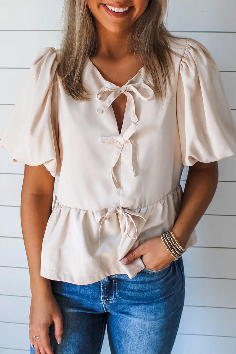 Bow Tie Puff Sleeve Ruffle Hem Blouse