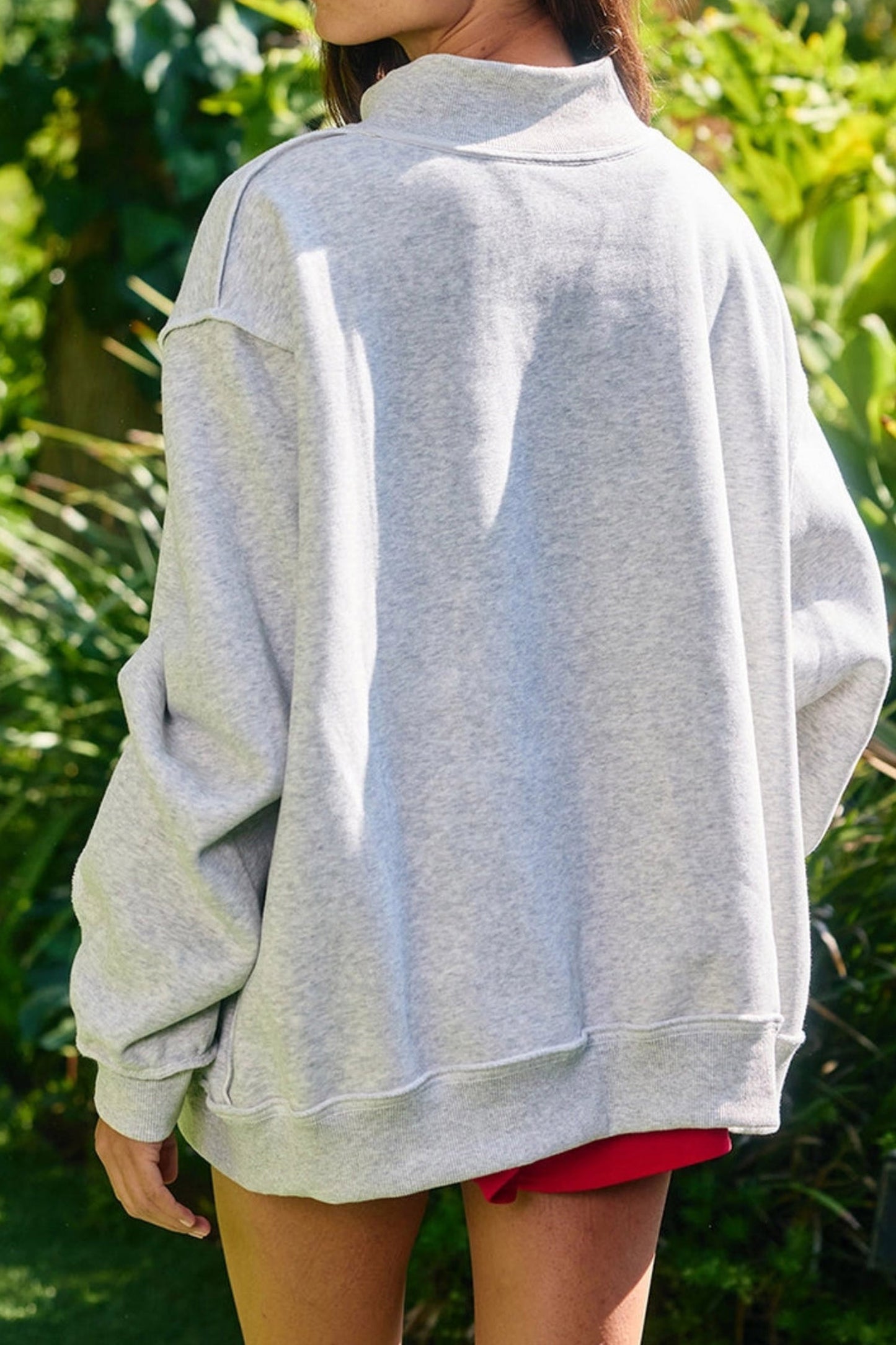 Light Grey Sequined Halloween Pumpkin Graphic Exposed Seam Mock Neck Sweatshirt