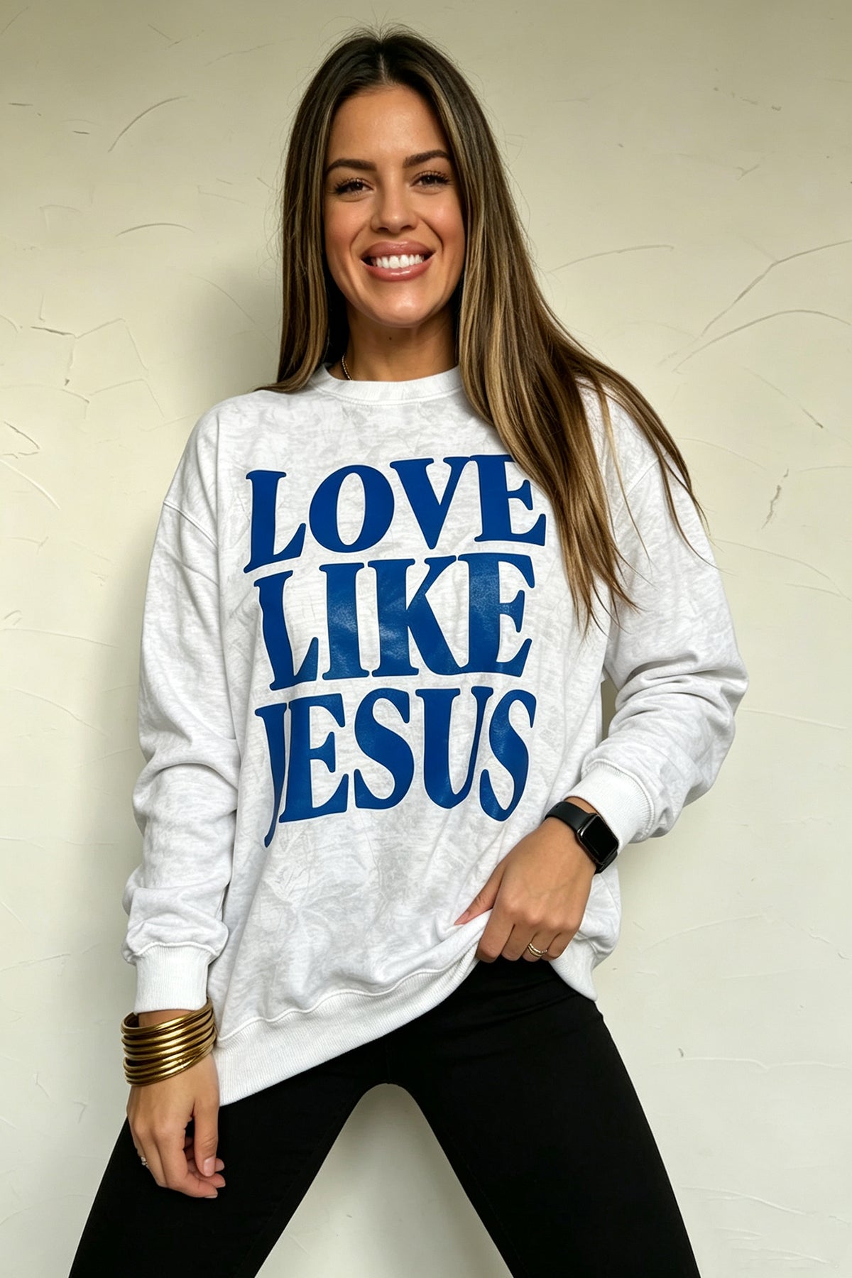 Gray LOVE LIKE JESUS Letter Print Round Neck Light Camo Pullover Sweatshirt