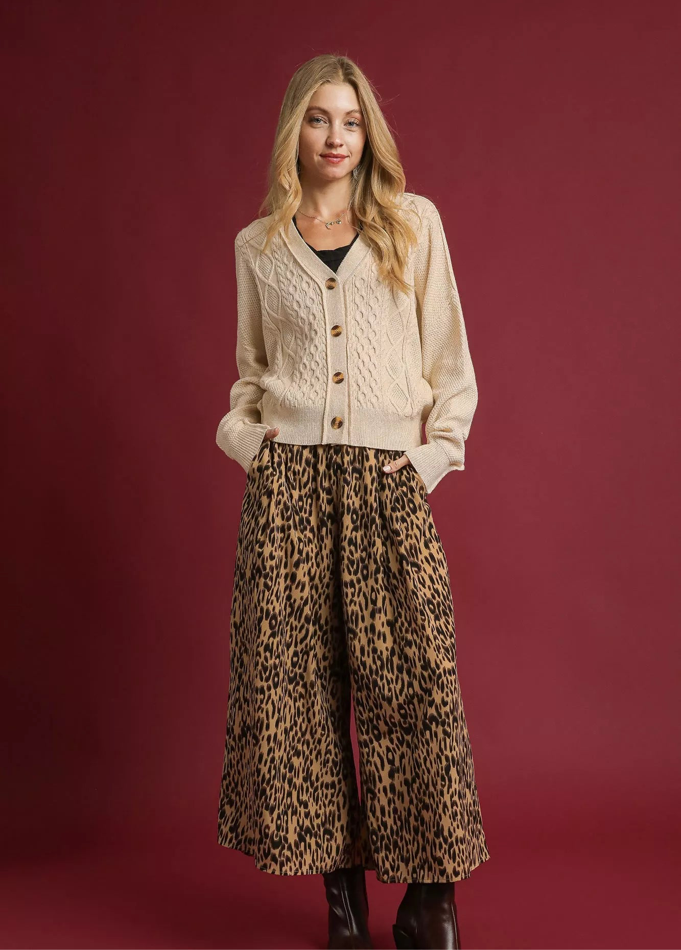 Umgee Chunky Cable Knit V-Neck Button-Up Cardigan