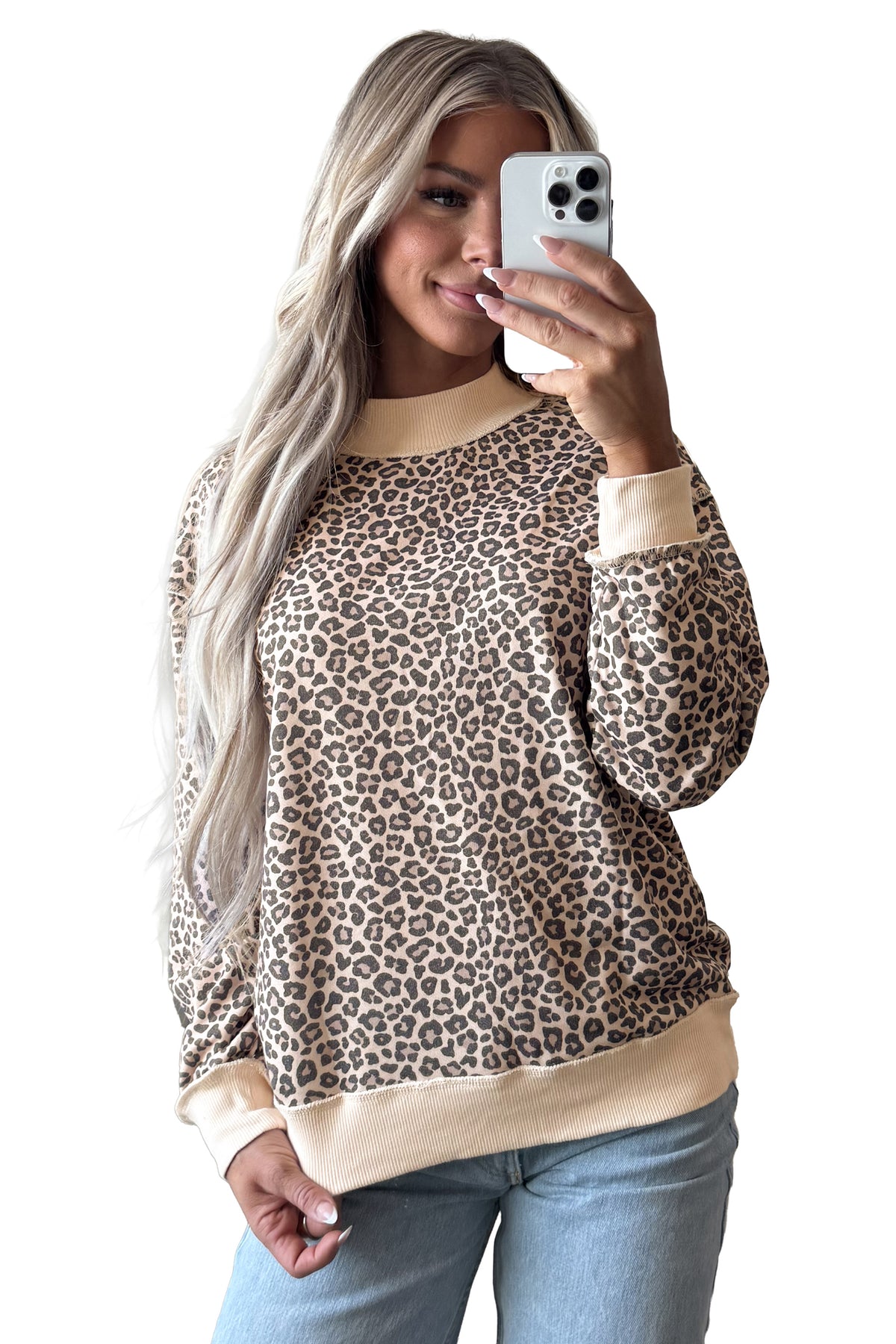 Multicolour Leopard Print High Neck Long Sleeve Ribbed Cuffs Hem Sweatshirt