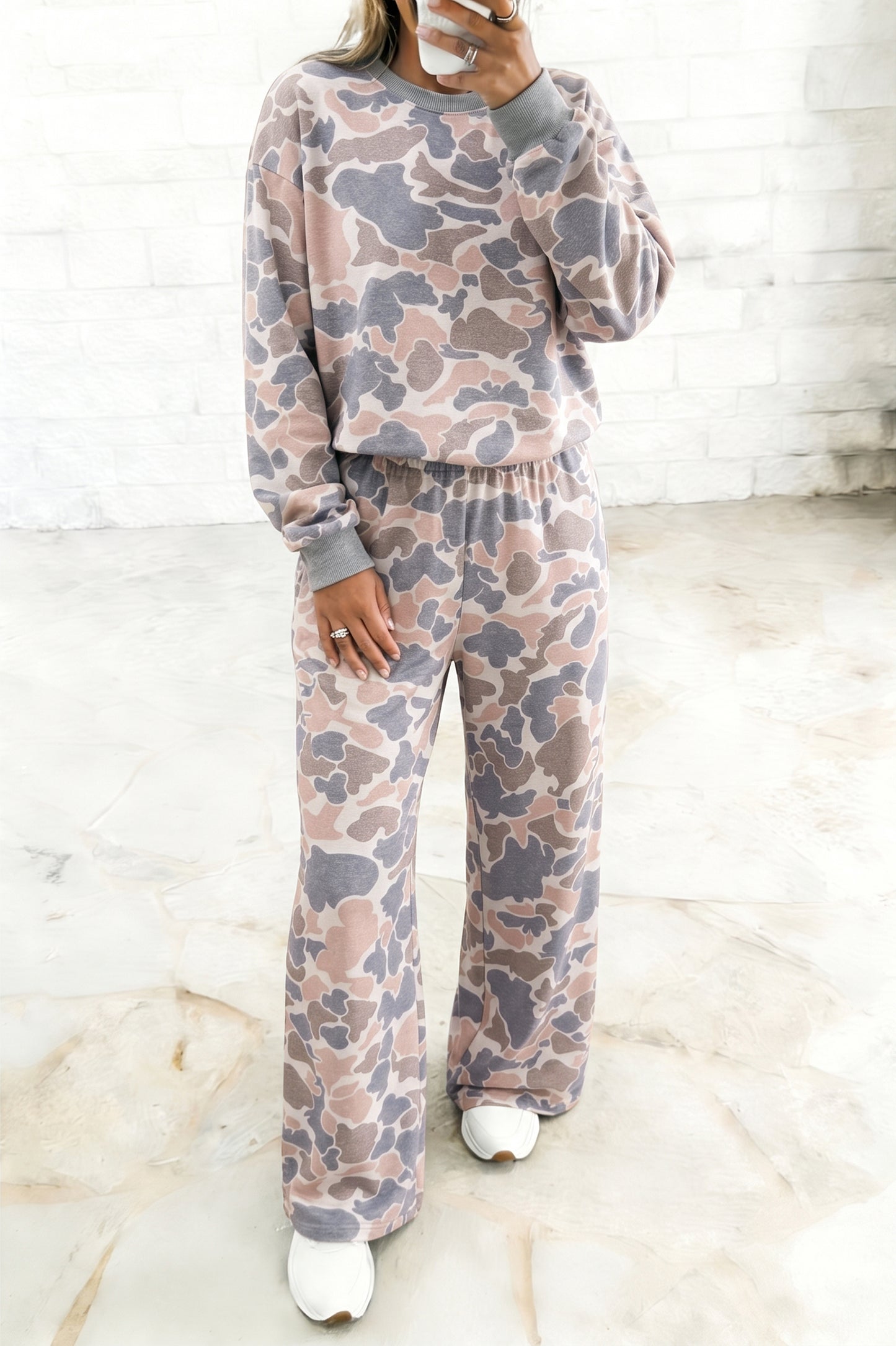 Multicolour Camouflage Print Long Sleeve Top Loose 2pcs Pants Set