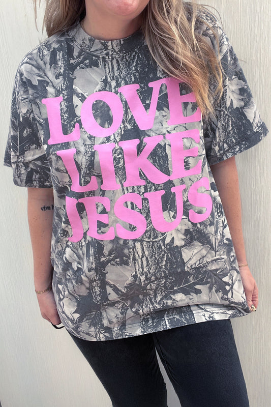 Gray Woodland Camouflage LOVE LIKE JESUS Plus Size T Shirt