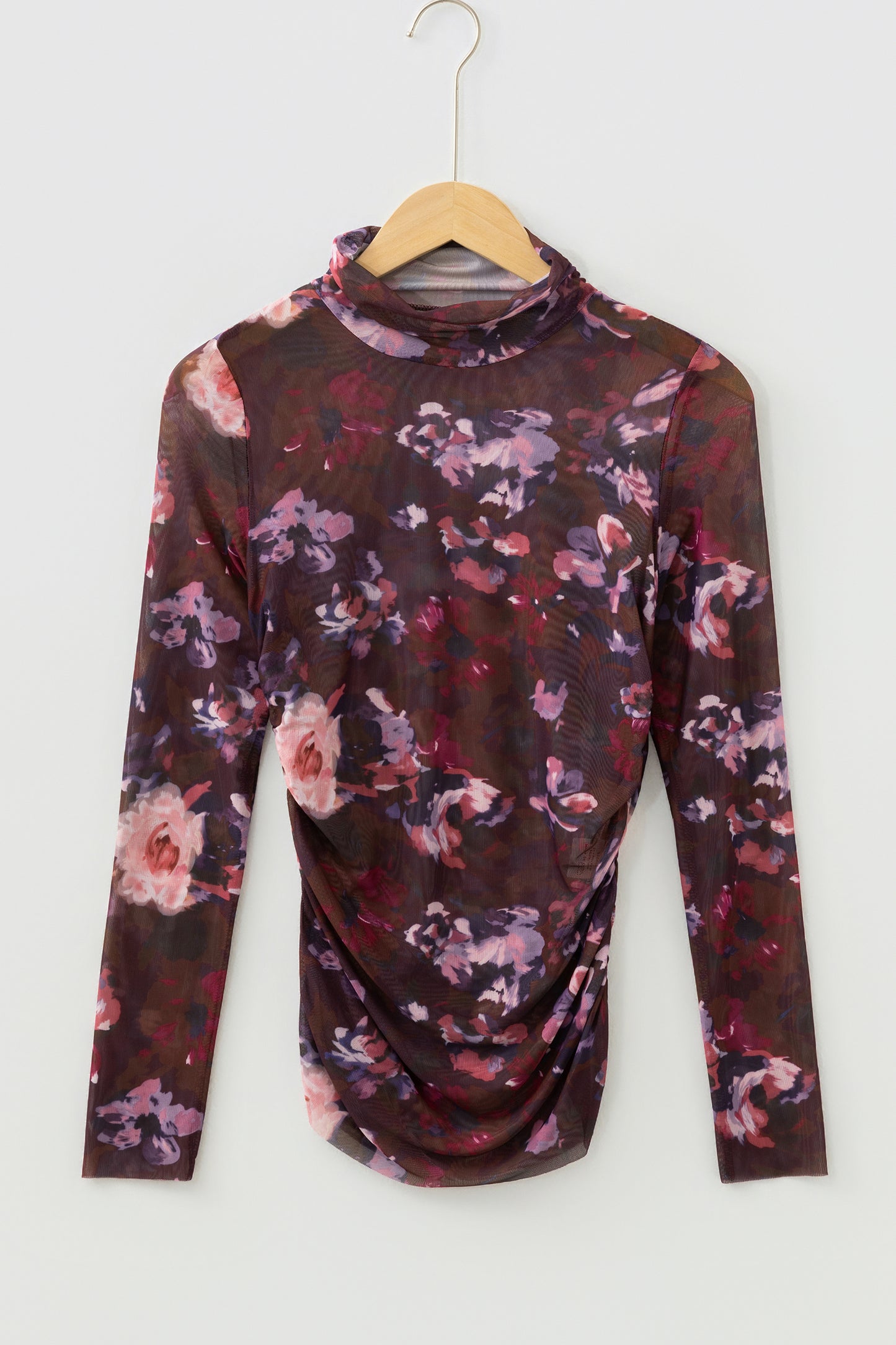 Brown High Neck Ruched Floral Mesh Top