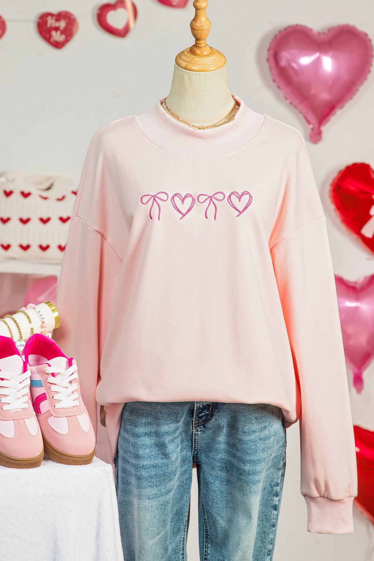 Apricot Pink Valentines Bow Heart Embroidered Mock Neck Sweatshirt