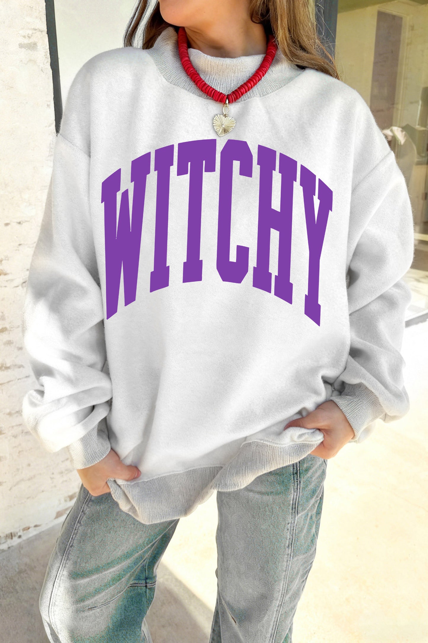 Light Grey Halloween Slogan Print Mock Neck Reversible Sweatshirt