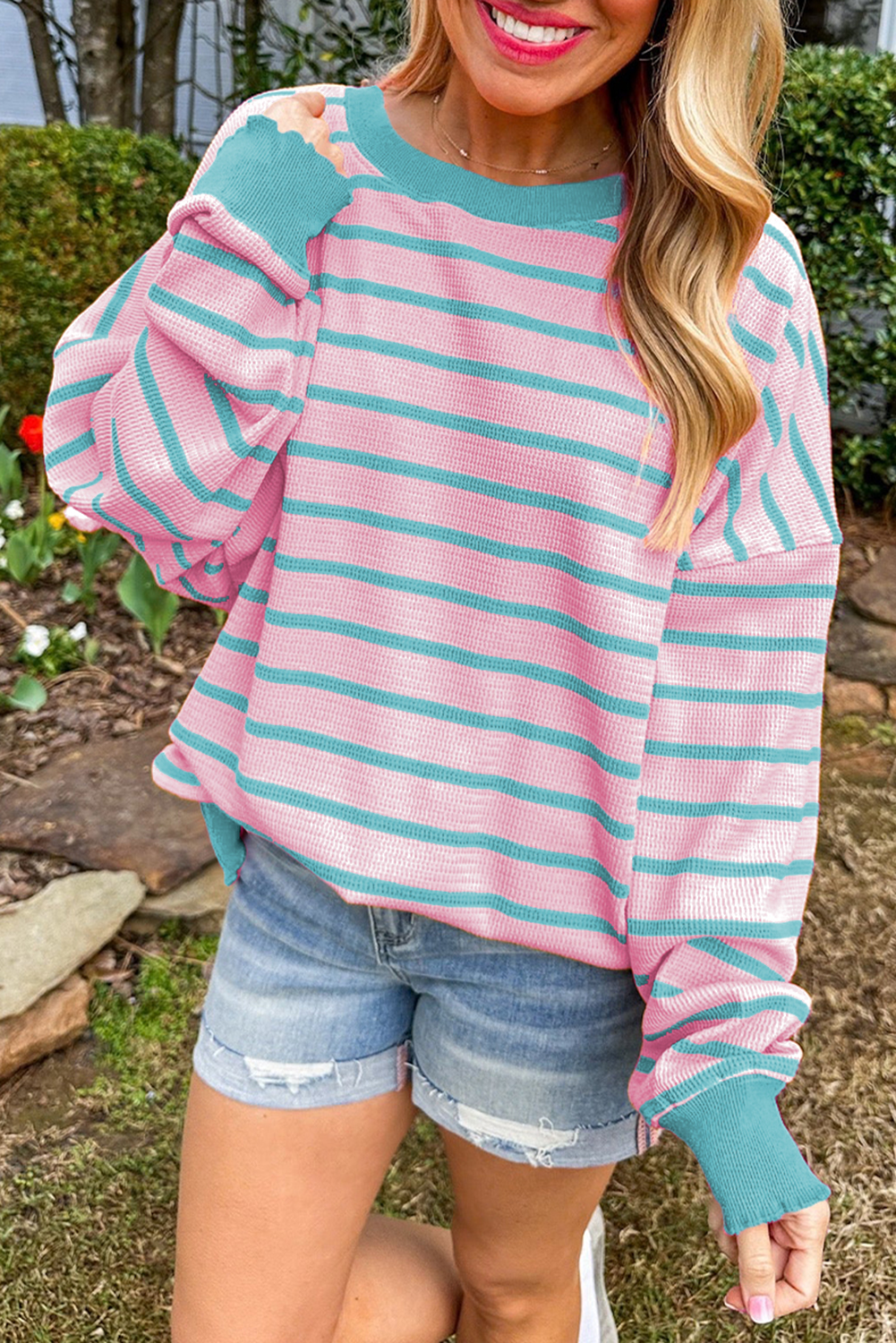 Sky Blue Stripe Trimmed Round Neck Drop Shoulder Loose Sweater