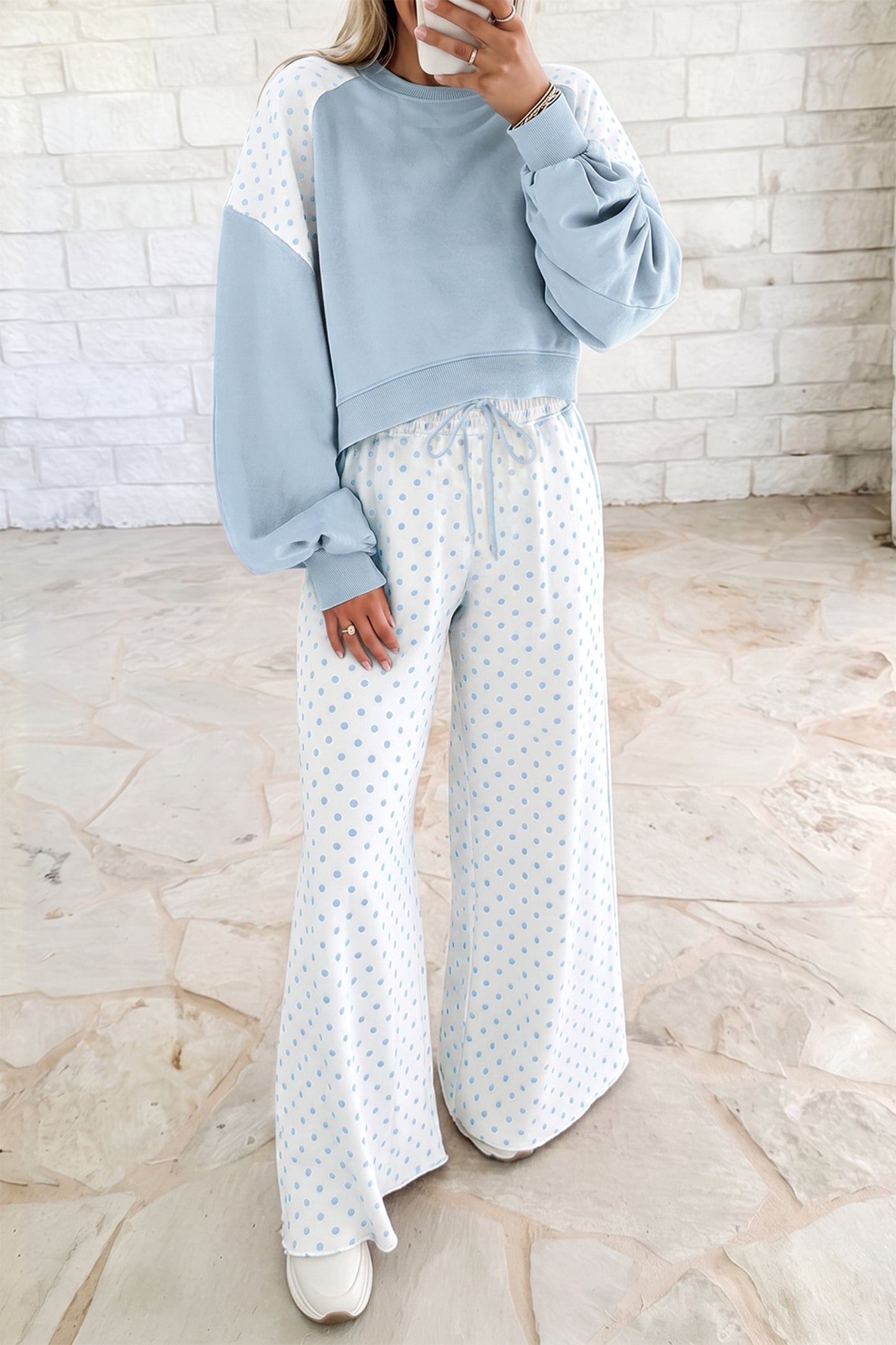 Khaki Polka Dot Patchwork Colorblock Long Sleeve Casual Two Piece Pants Set