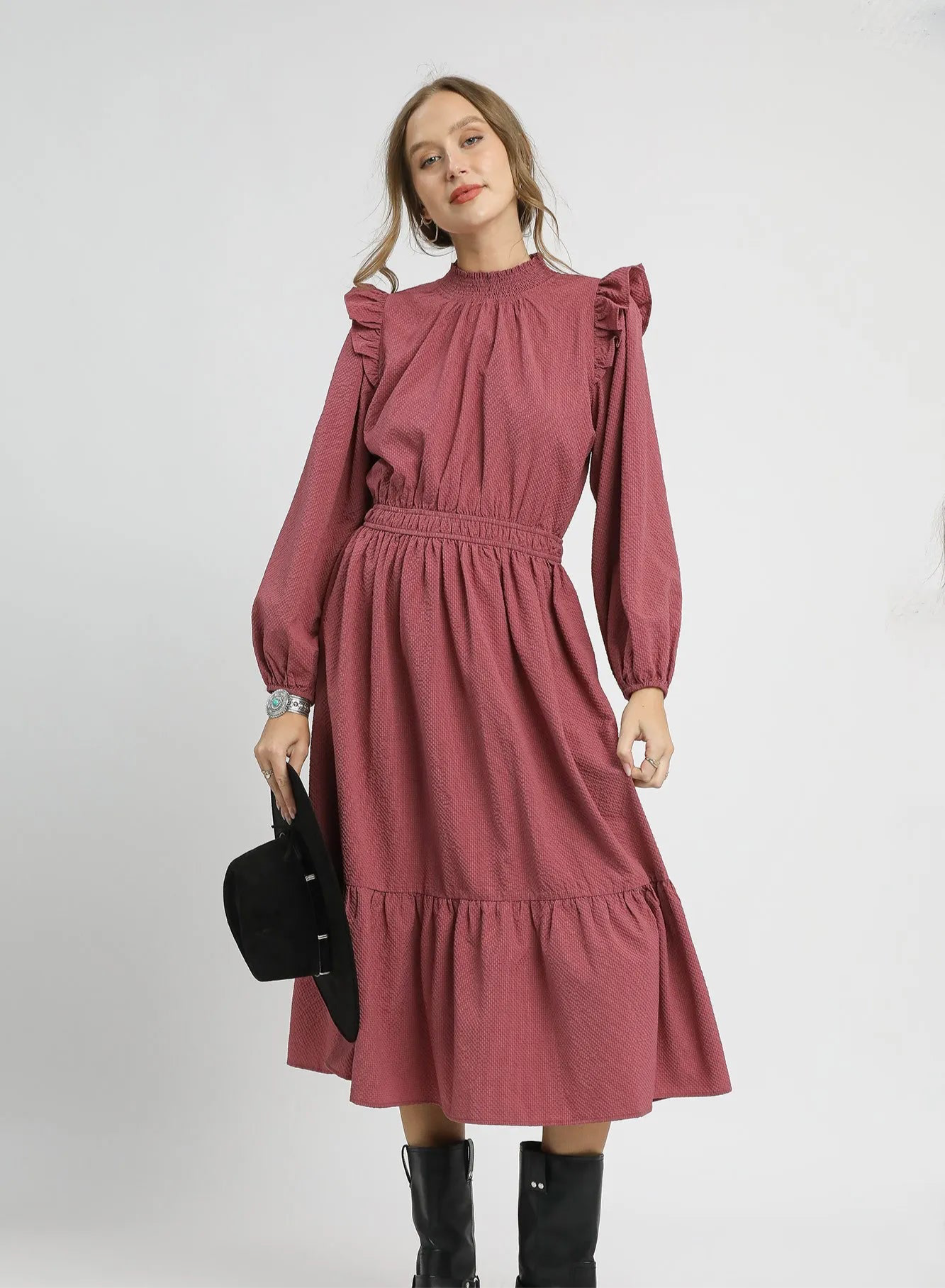 Umgee Textured Midi Dress with Ruffle Shoulder Detail