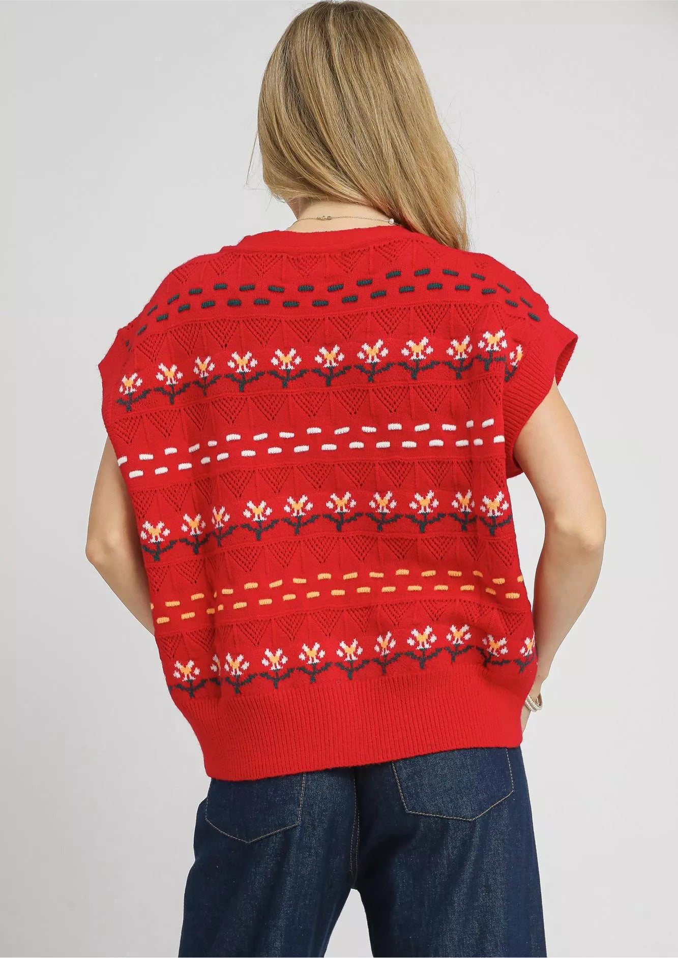 Umgee Button-Down Knit Vest with Floral Pattern