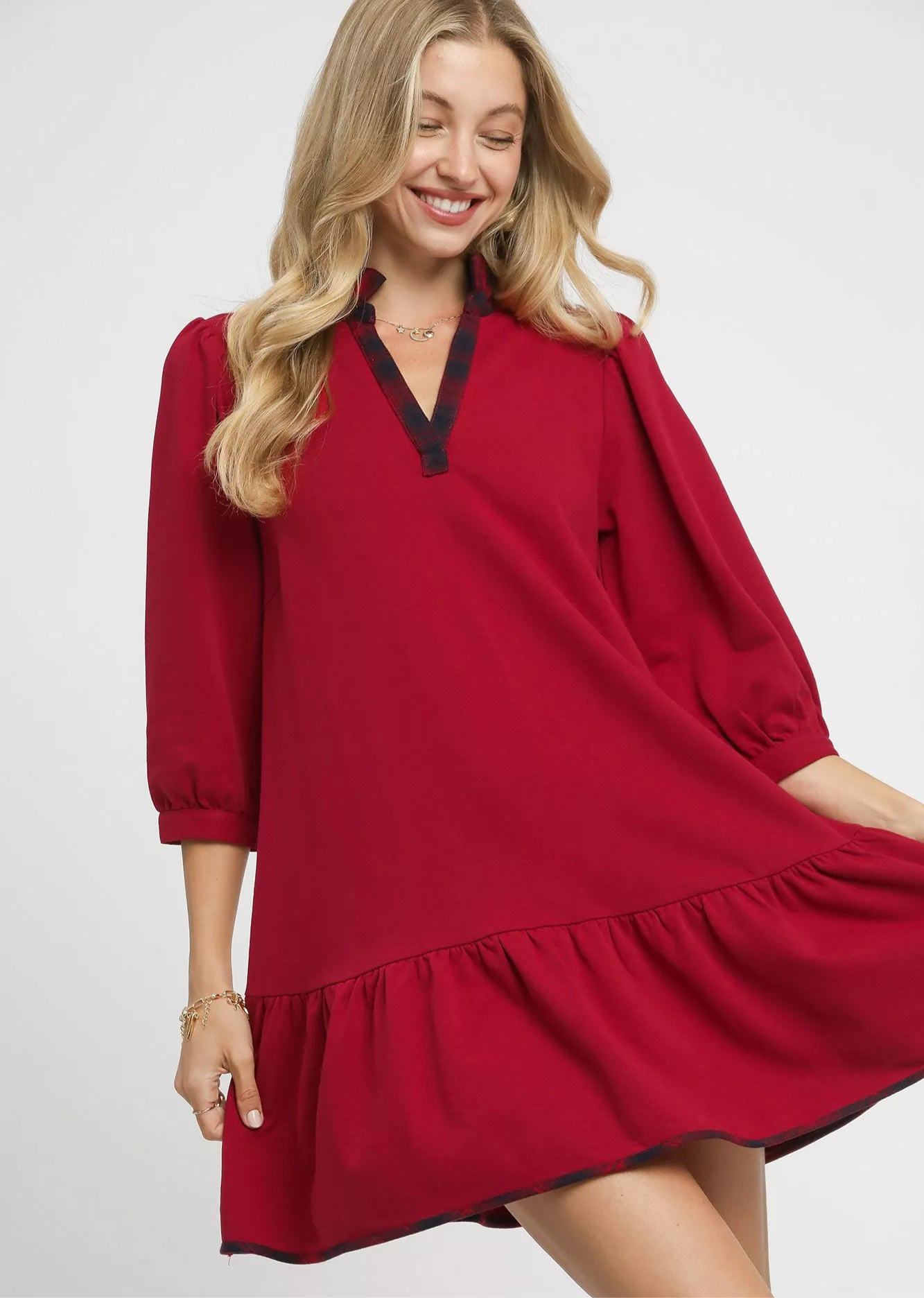 Umgee French Terry Ruffle Hem Dress with Plaid Trim