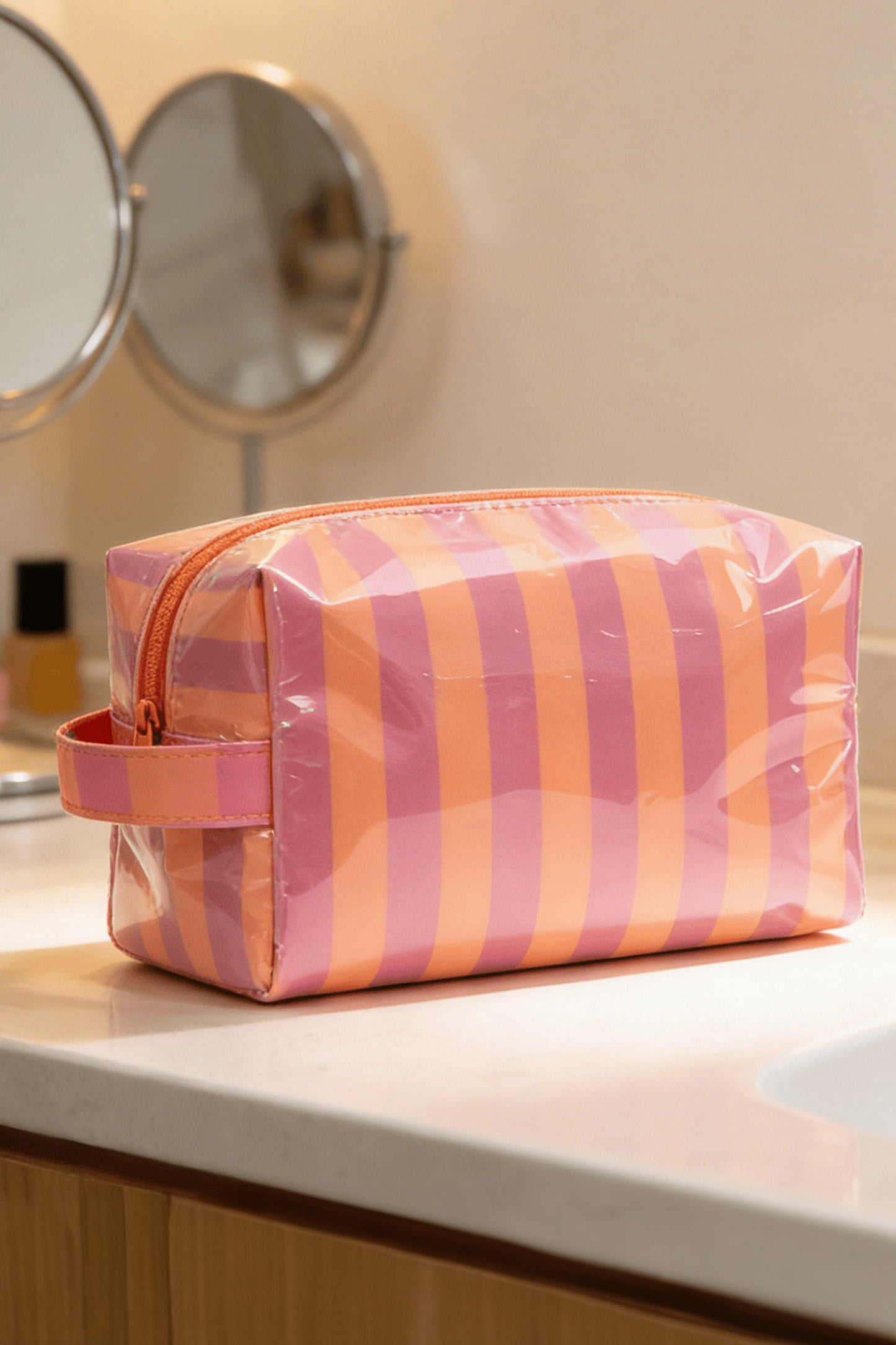 Dark Green PVC Striped Cosmetic Bag Durable Zipper Handle Travel Organizer