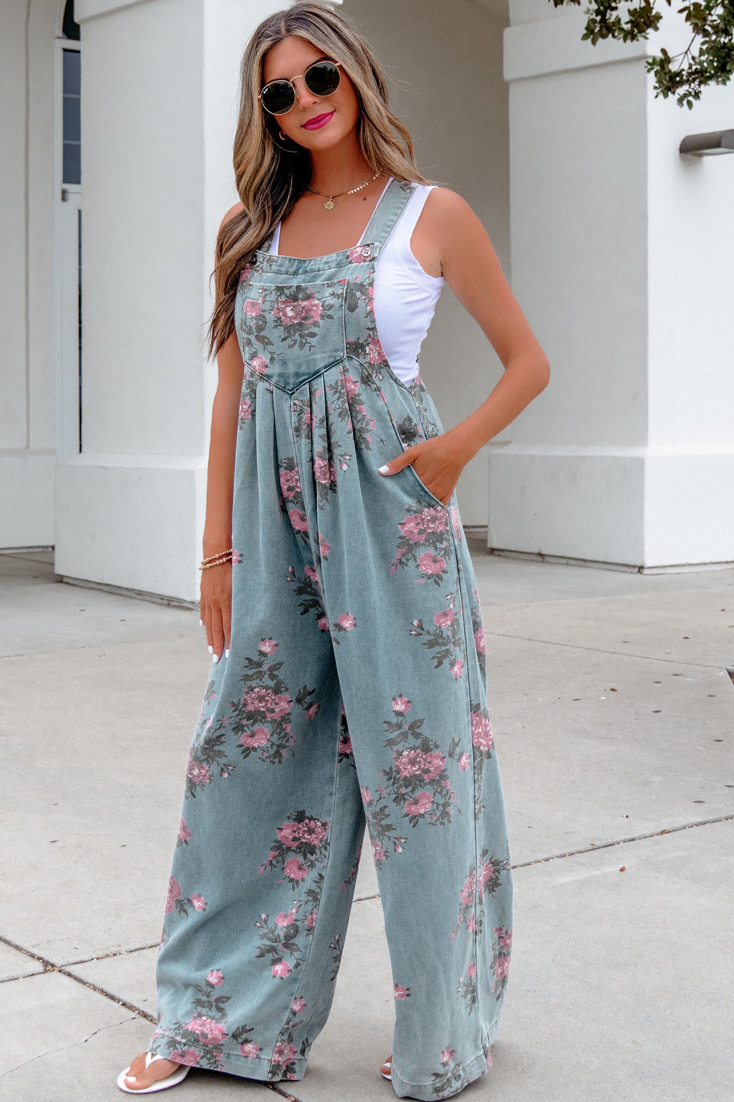 Sage Blossom Denim Jumpsuit