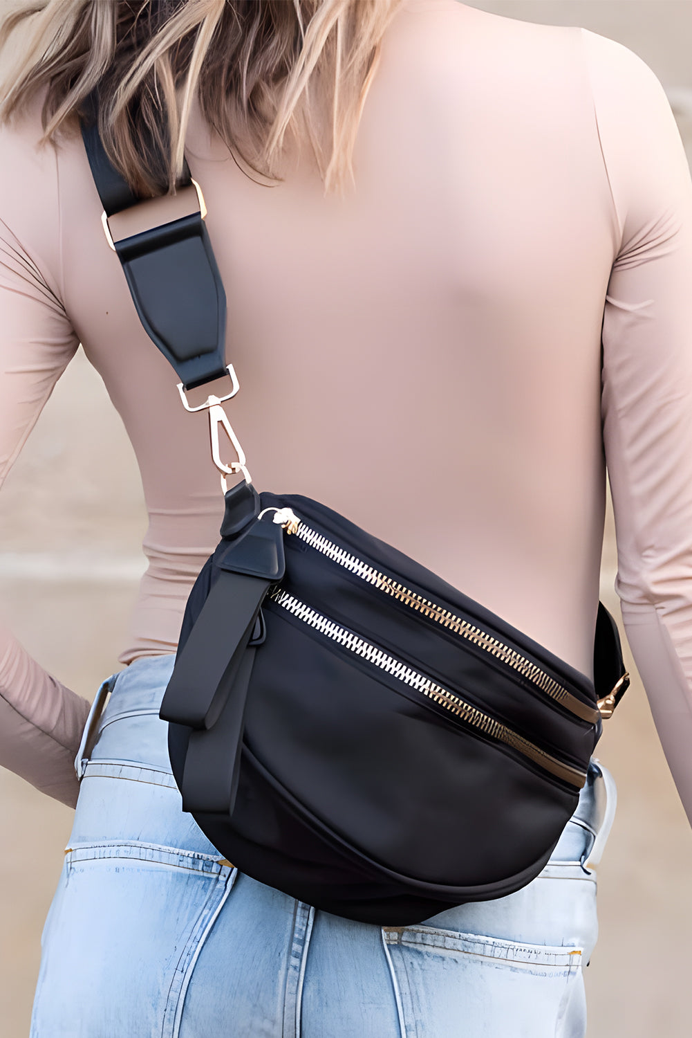 Bright Pink Double Zip Crescent Shape Adjustable Sling Bag