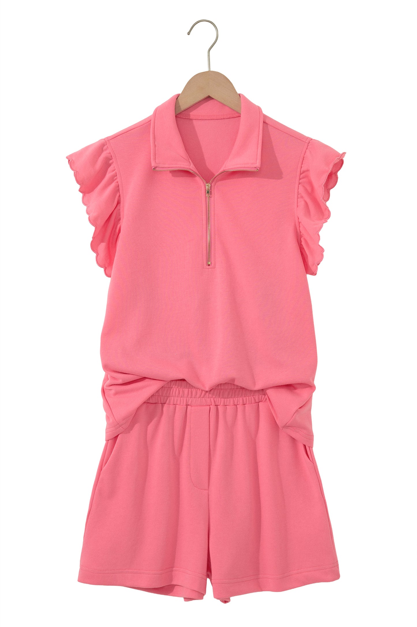 Coral Paradise Half Zipped Ruffled Short Set