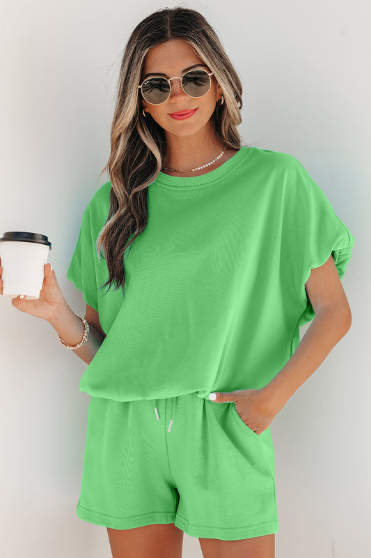 Green Solid Color Puffy Loose Top Drawstring Shorts 2pcs Outfit