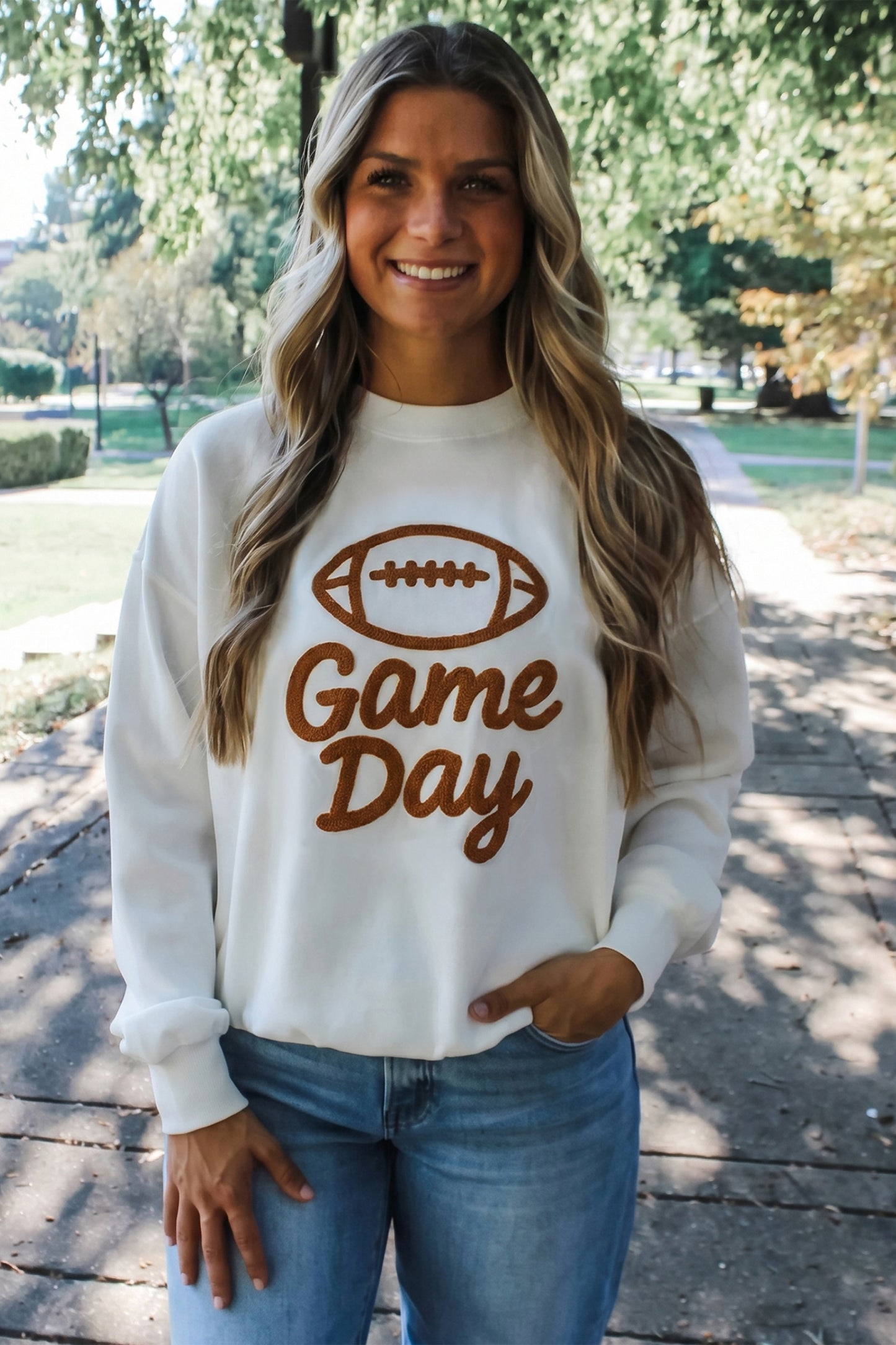 White Embroidered Game Day Sweatshirt