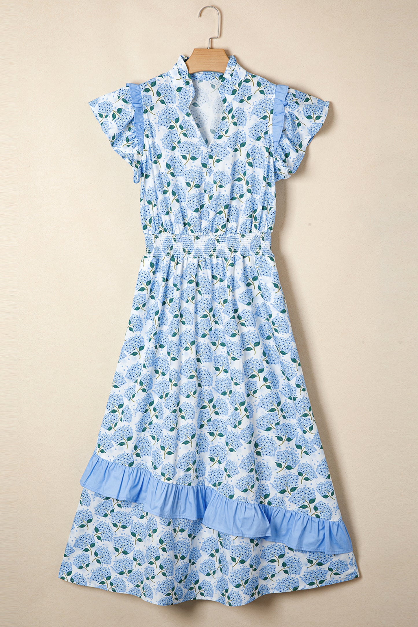 Blue Hydrangea Ruffle Midi Dress
