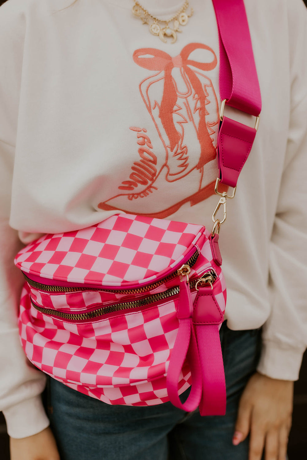 White Checkered Print Wide Strap Large Crossbody Bag