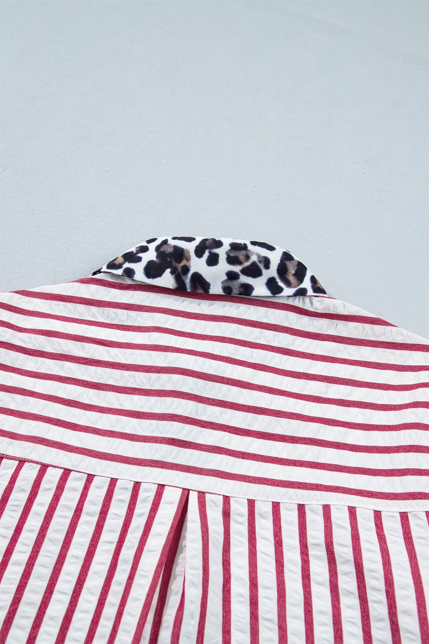 Red Stripe Leopard Contrast Trim Half Button Blouse