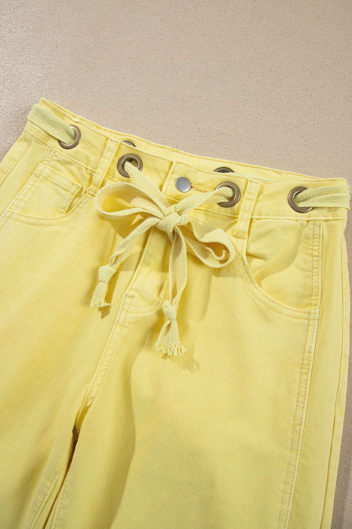 Light Pink Solid Color Grommet Detail Knot Waist Barrel Jeans