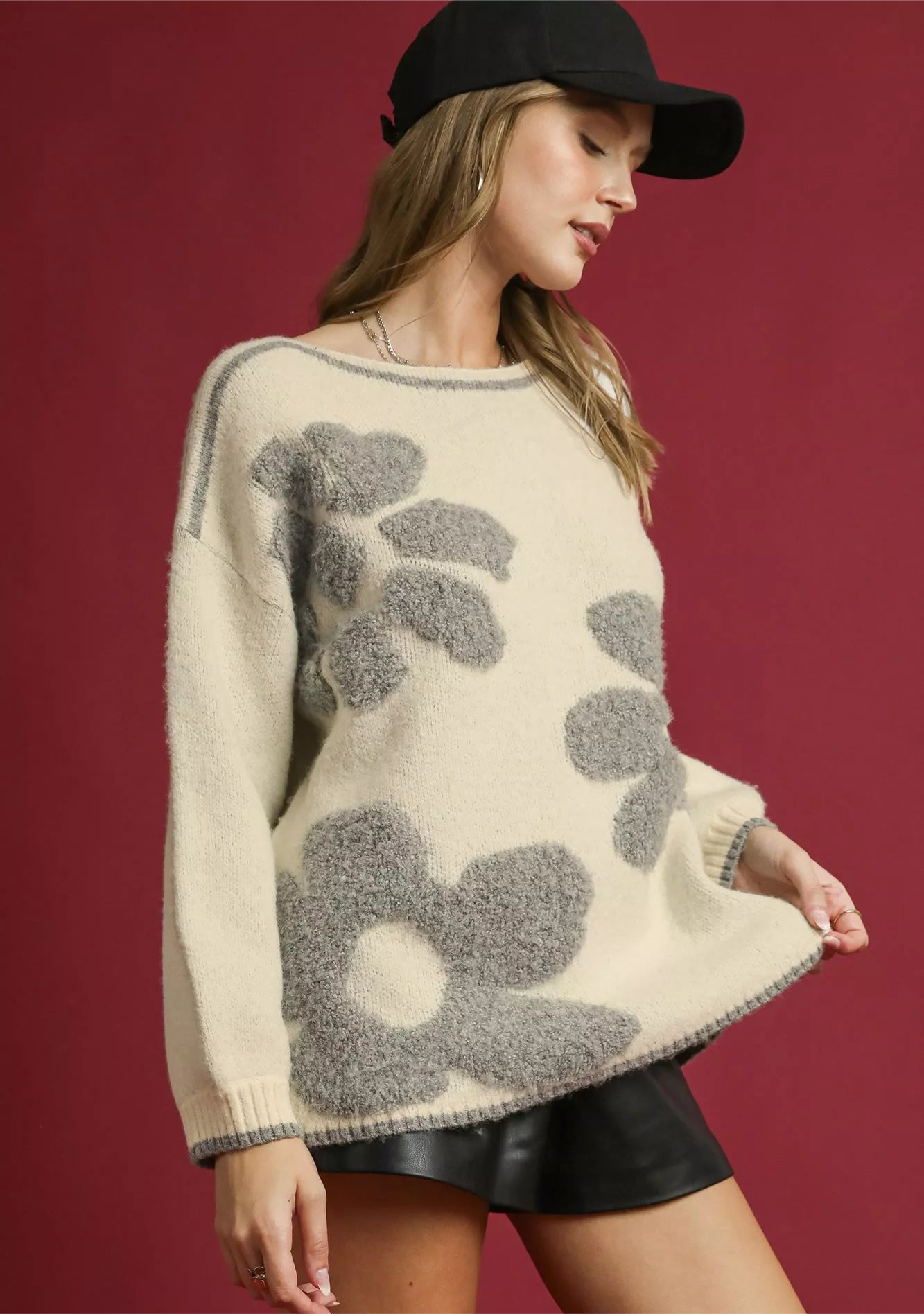 Umgee Floral Jacquard Knit Sweater