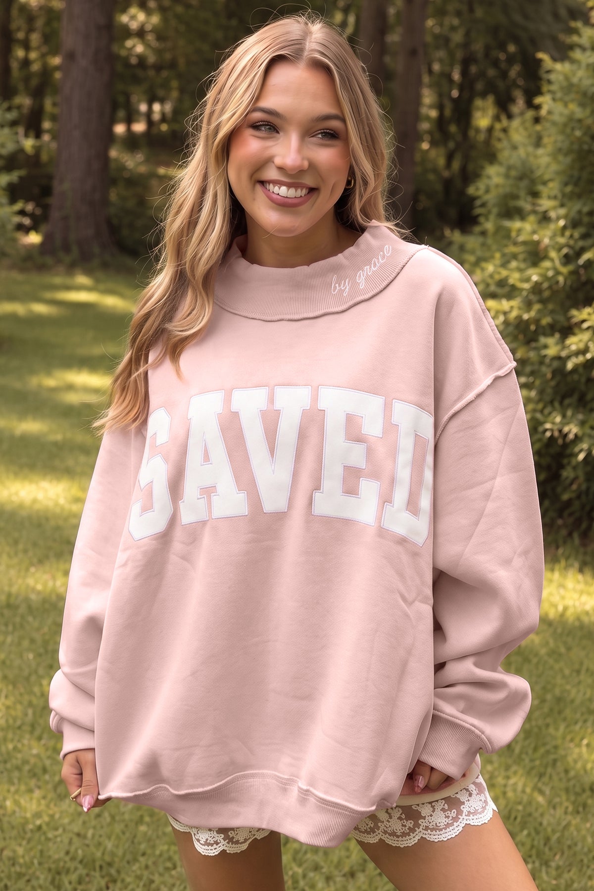 Saved By Grace Embroidered Detail Mock Neck Sweatshirt