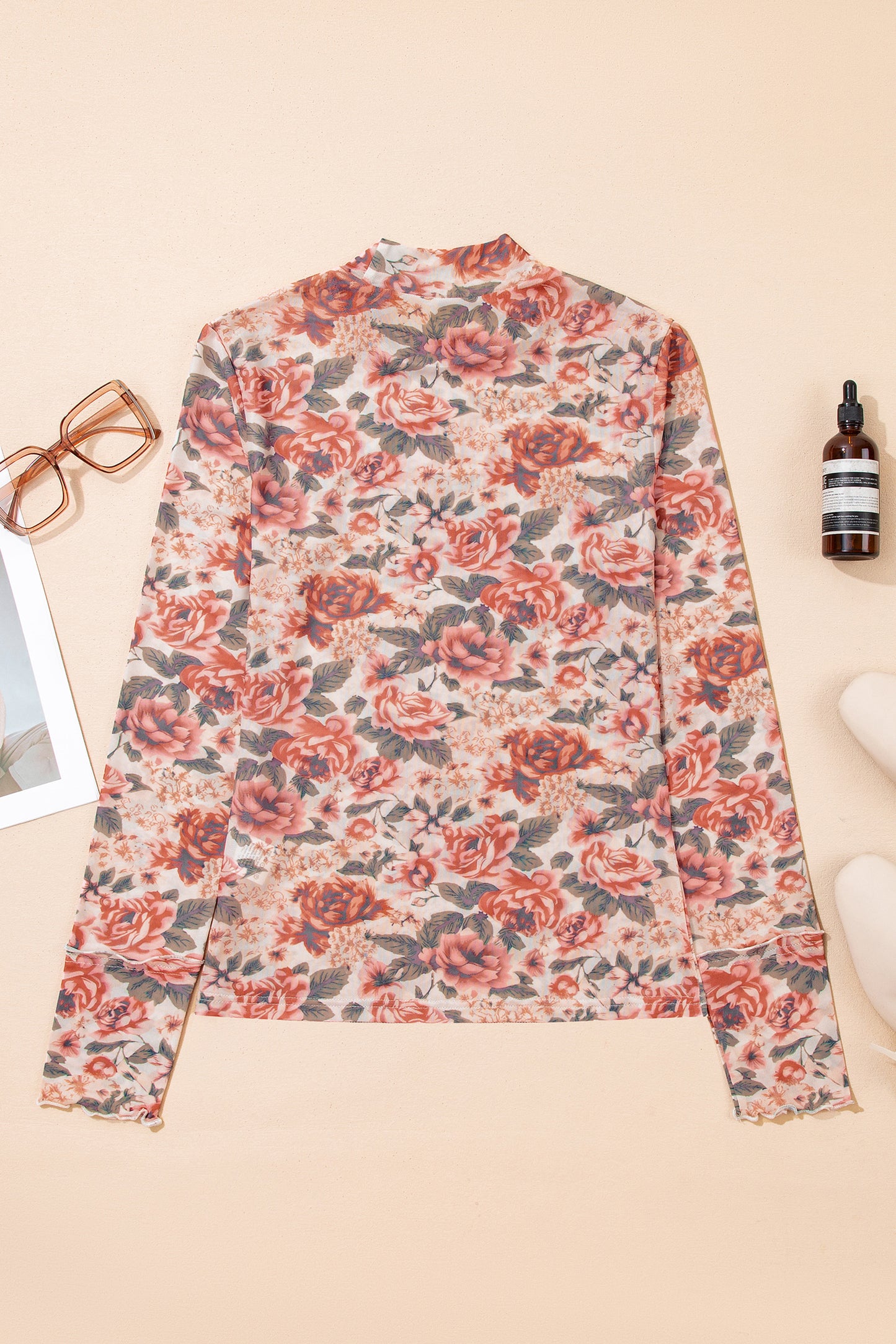 Black Retro Floral Print Mock Neck Mesh Long Sleeve Top