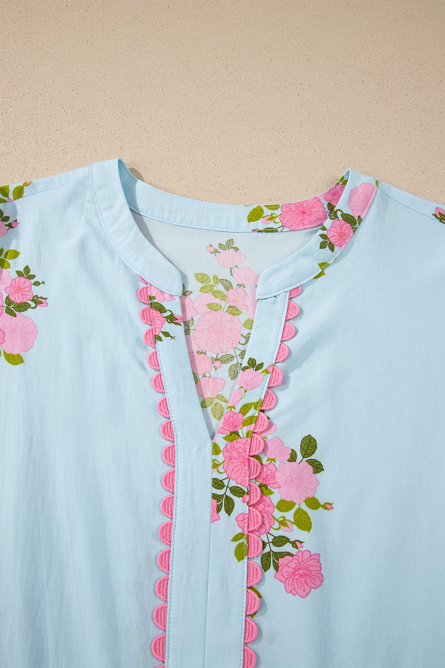 Sky Blue Notched Neck Flutter Short Sleeve Floral Print Maxi Dress
