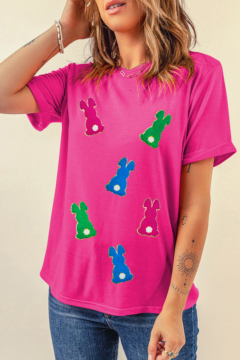Easter Bunny Patched Pattern Crew Neck Tee