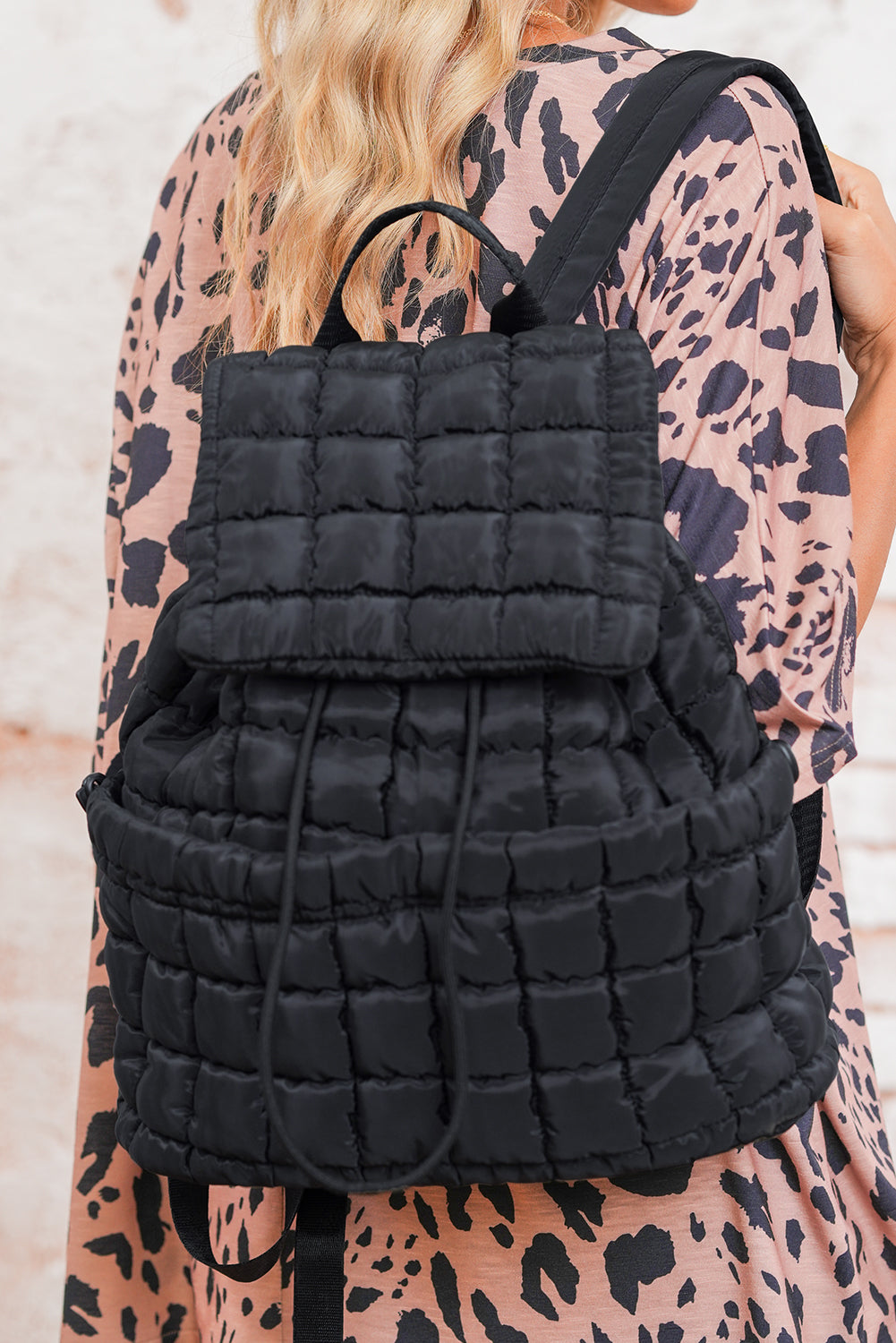 Coffee Solid Flapped Quilted Puffer Backpack