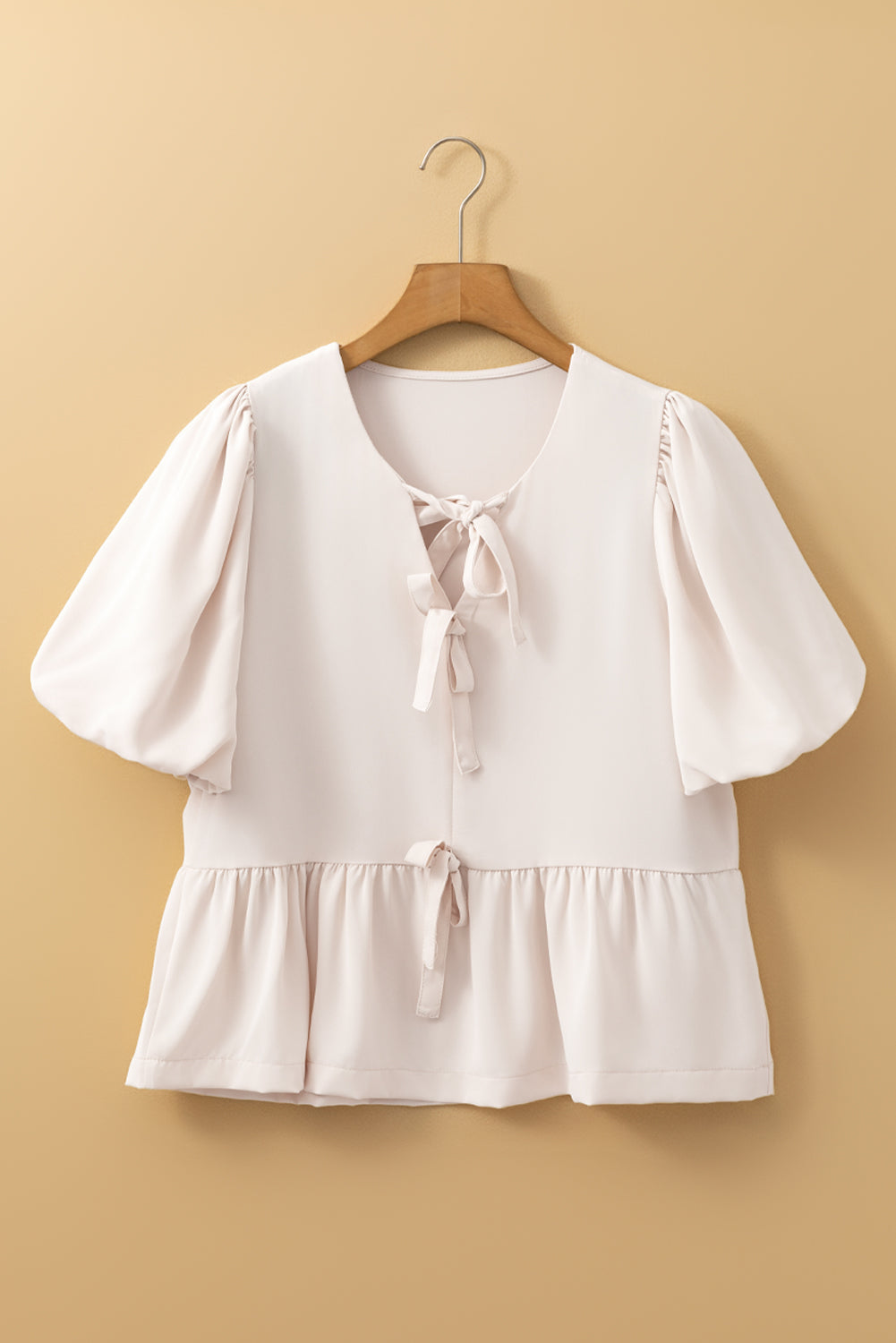 Bow Tie Puff Sleeve Ruffle Hem Blouse