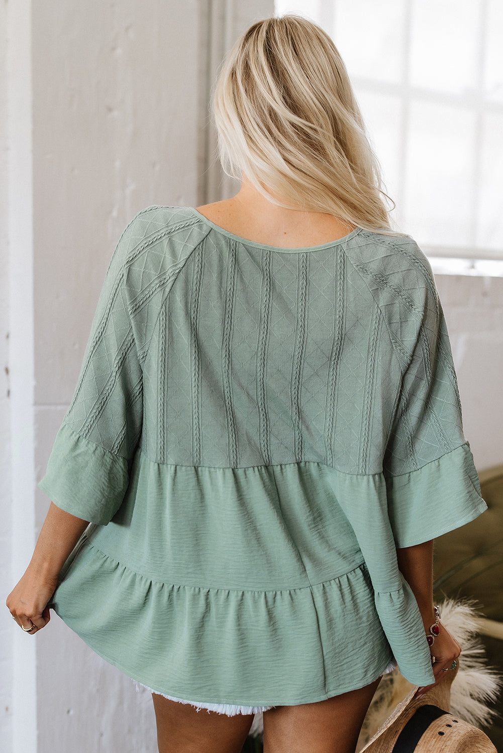 Sage Green Textured Ruffle Patchwork Blouse
