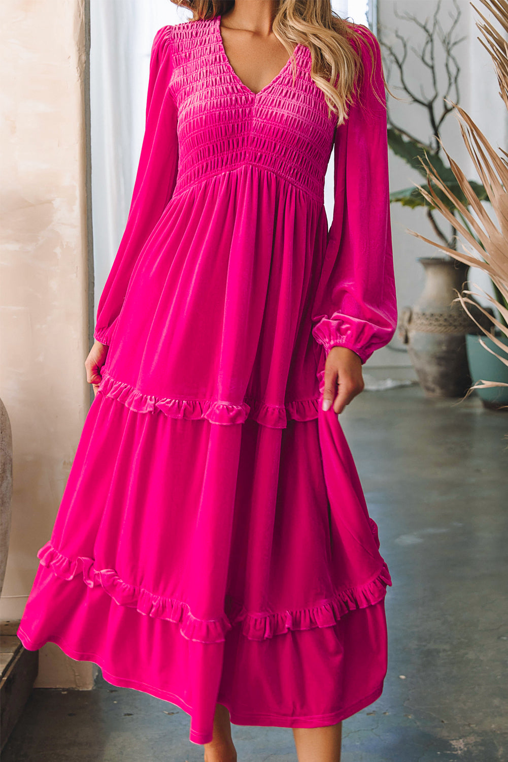 Fuchsia Dream Tiered Smock Dress