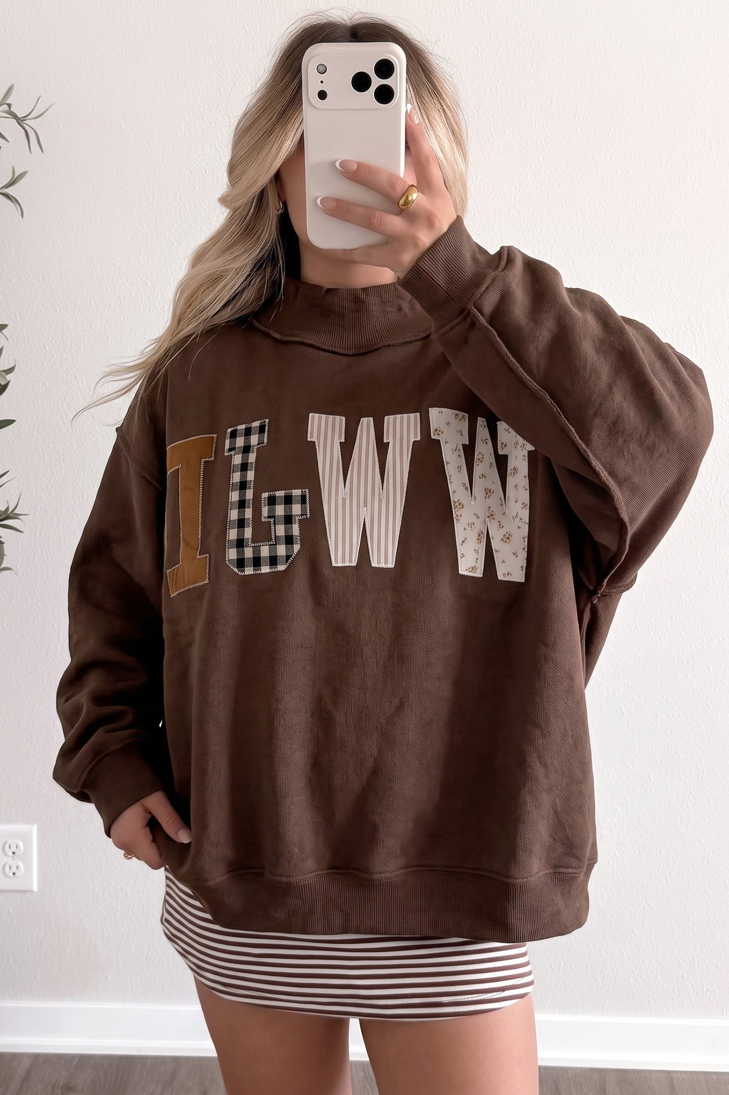 Bonbon WWJD Mixed Pattern Embroidered Patch Graphic Mock Neck Sweatshirt