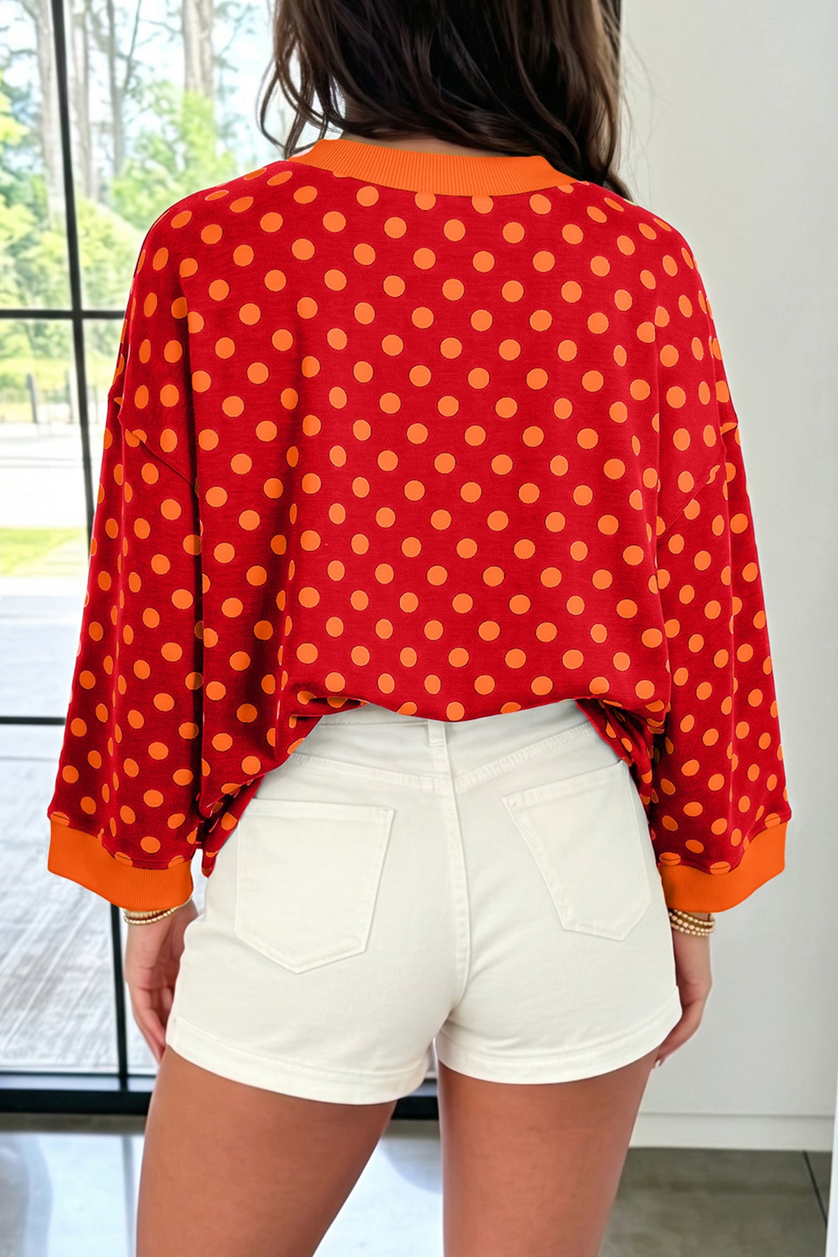 Green Polka Dot Print Contrast Trim Round Neck Bracelet Sleeve Top