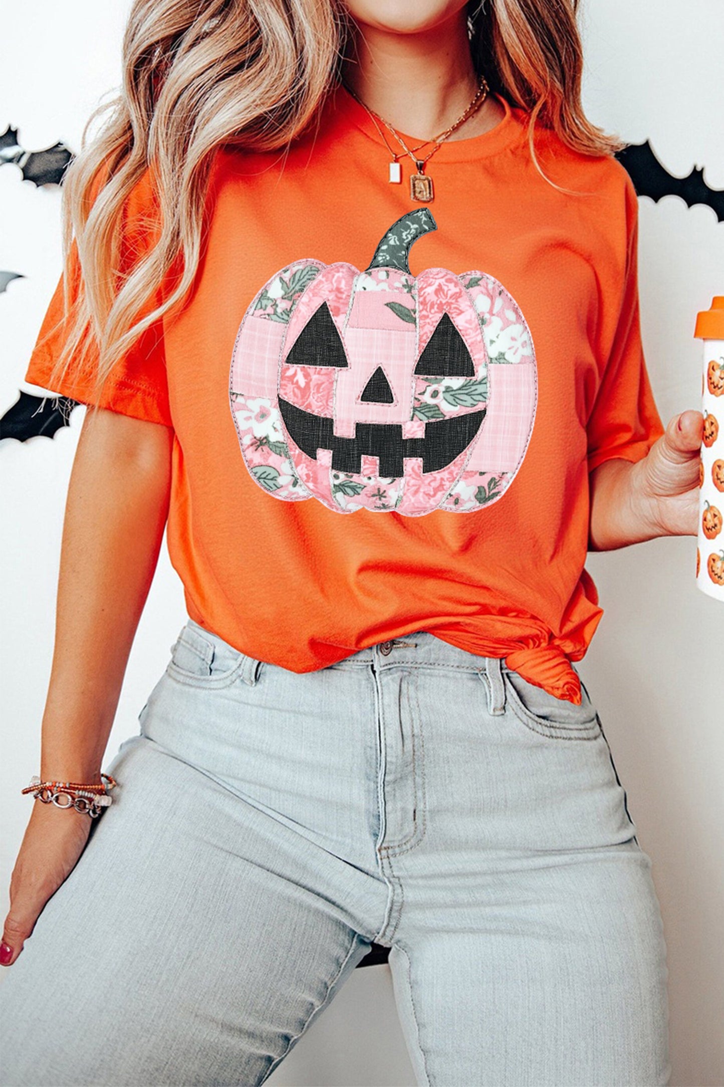Orange Patchwork Pumpkin Graphic Short Sleeve Round Neck Tee