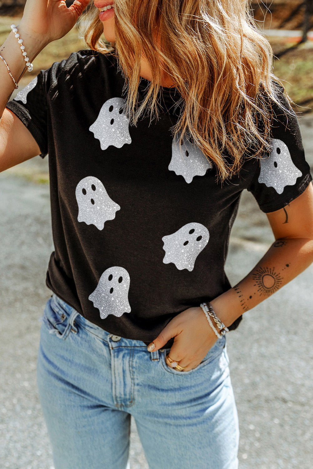 Glitter Ghost Pattern Crew Neck Halloween T Shirt