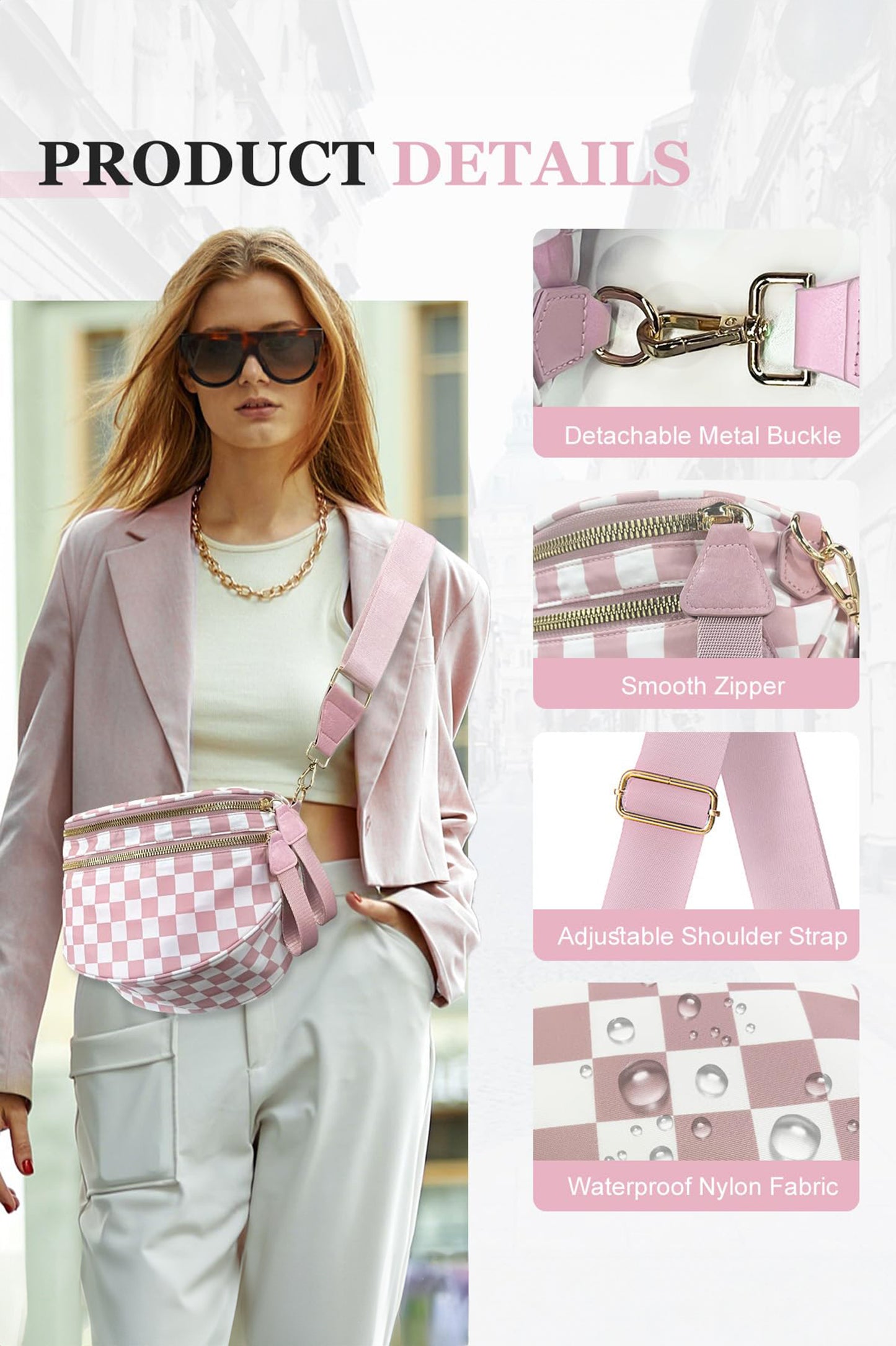 White Checkered Print Wide Strap Large Crossbody Bag