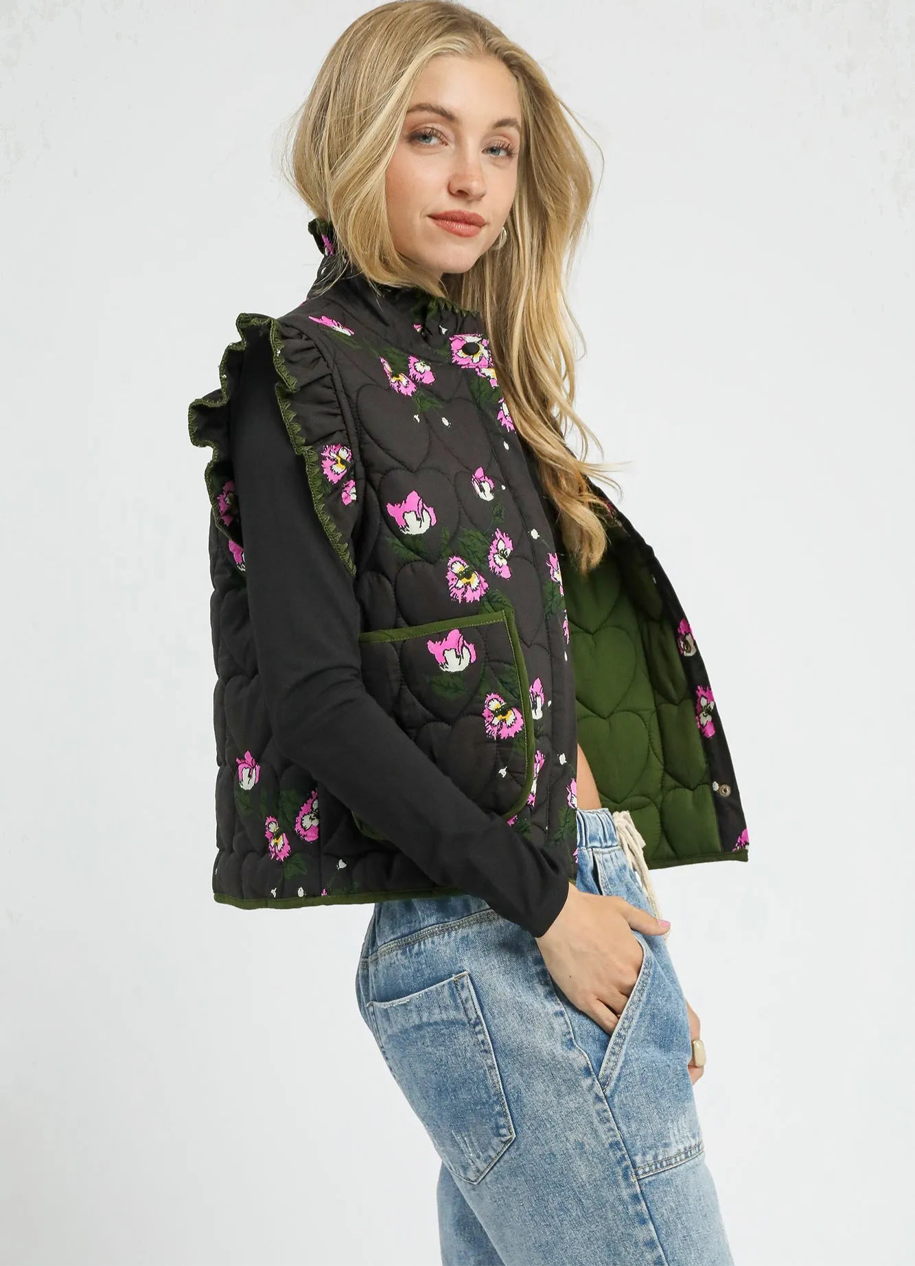 Umgee Ruffled Quilted Floral Snap Down Vest